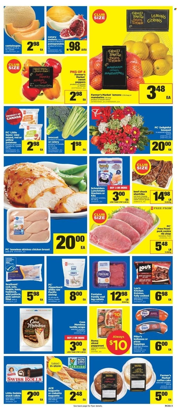 thumbnail - Real Canadian Superstore Flyer - October 28, 2021 - November 03, 2021 - Sales products - tortillas, cake, Ace, wraps, coffee cake, broccoli, cantaloupe, sweet peppers, potatoes, peppers, mandarines, melons, pomegranate, lemons, cod, salmon, salmon fillet, haddock, pollock, seafood, shrimps, pizza, pepperoni, snack, chicken breasts, chicken, rib chops, pot, bouquet, baguette, ciabatta, oranges. Page 3.