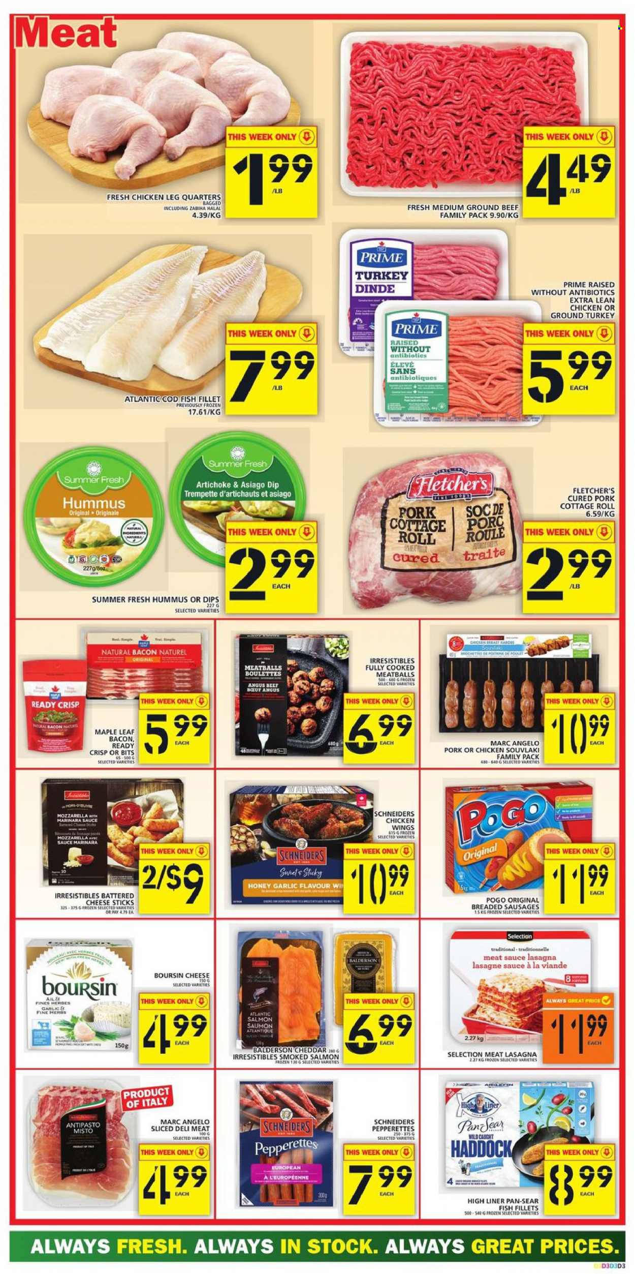 thumbnail - Food Basics Flyer - October 28, 2021 - November 03, 2021 - Sales products - cod, fish fillets, salmon, smoked salmon, haddock, fish, meatballs, sauce, lasagna meal, bacon, hummus, asiago, cheddar, cheese, dip, chicken wings, cheese sticks, herbs, honey, ground turkey, chicken legs, turkey, beef meat, ground beef, pan. Page 3.