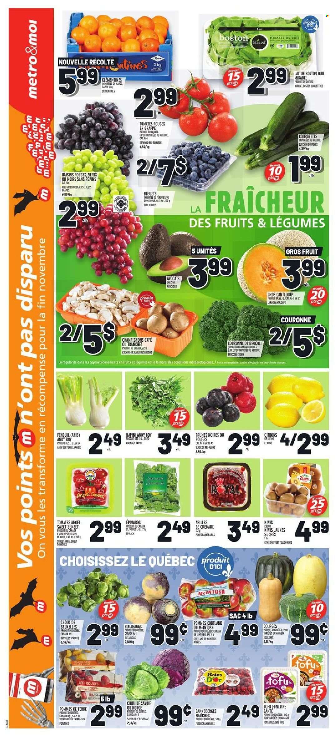thumbnail - Metro Flyer - October 28, 2021 - November 03, 2021 - Sales products - broccoli, cabbage, cantaloupe, tomatoes, zucchini, potatoes, apples, avocado, clementines, grapes, seedless grapes, plums, red plums, lemons, tofu, Merci, cranberries, fennel, prunes, dried fruit, kiwi, raisins. Page 3.