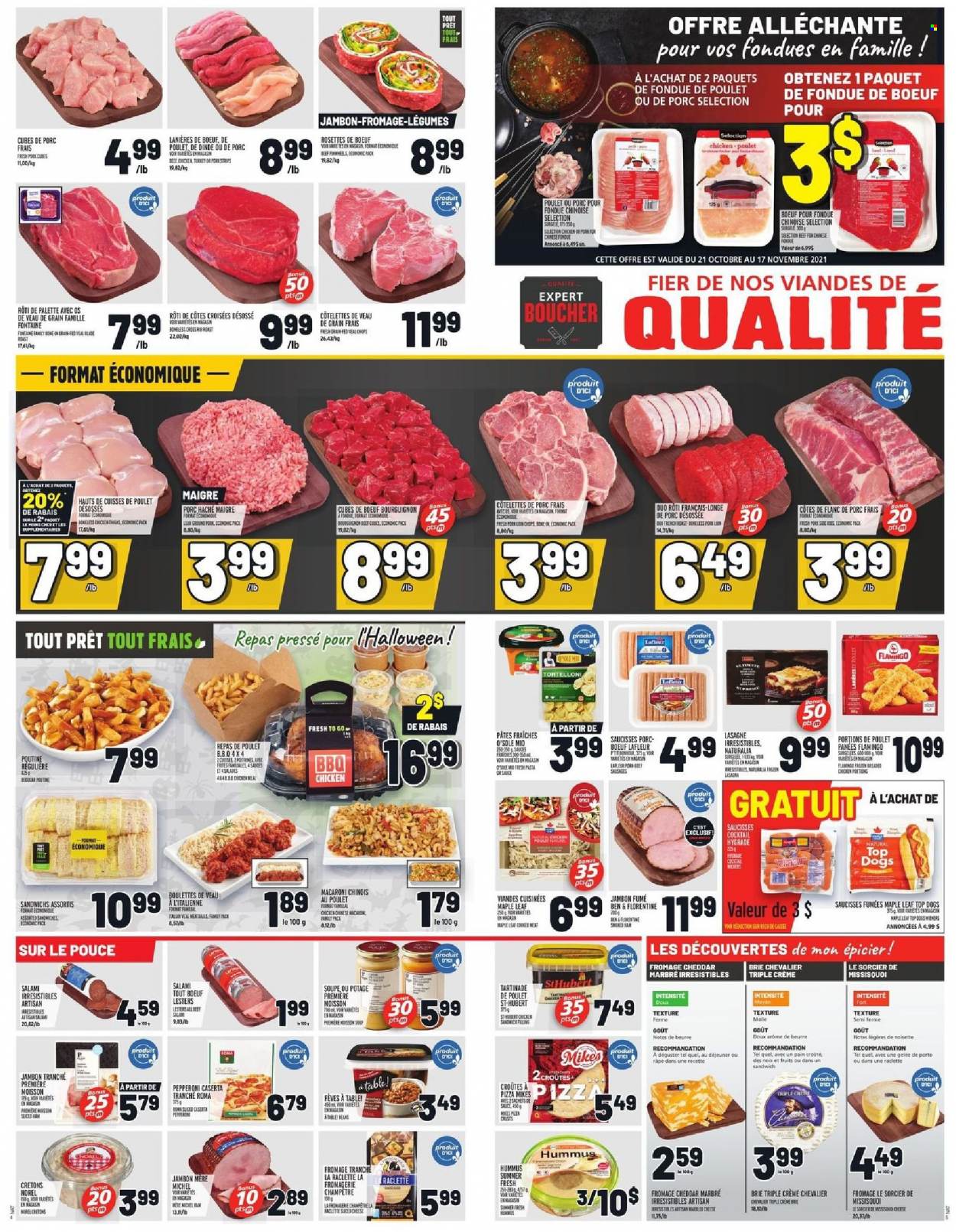 thumbnail - Metro Flyer - October 28, 2021 - November 03, 2021 - Sales products - beans, pizza, sandwich, macaroni, lasagna meal, salami, ham, pepperoni, hummus, raclette cheese, sliced cheese, cheddar, brie, strips, port wine, beef meat, ground pork, pork loin, pork meat, Palette, PREMIERE. Page 5.