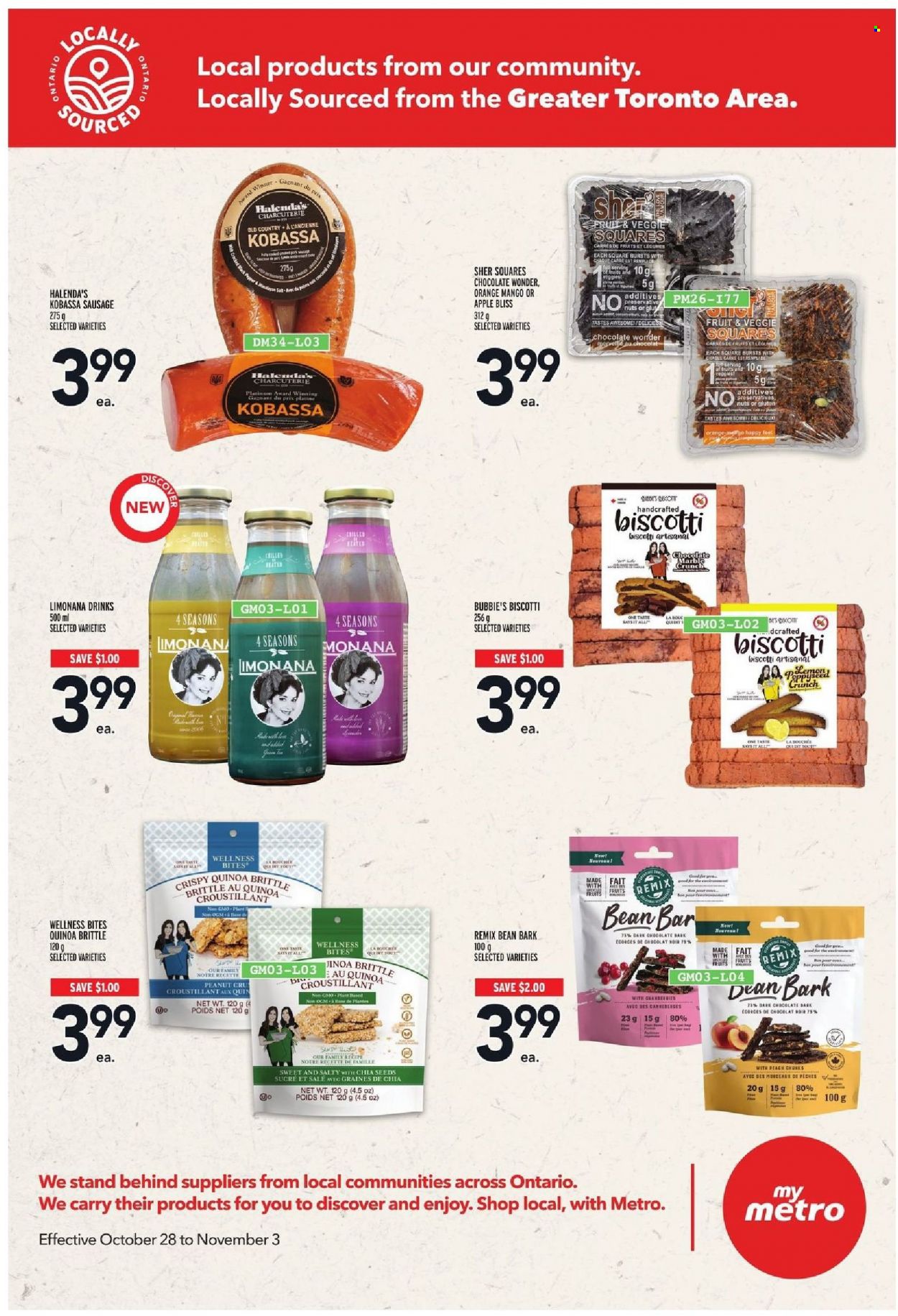 thumbnail - Metro Flyer - October 28, 2021 - November 03, 2021 - Sales products - mango, Rana, sausage, biscotti, chocolate, chia seeds, nappies, quinoa, oranges. Page 9.