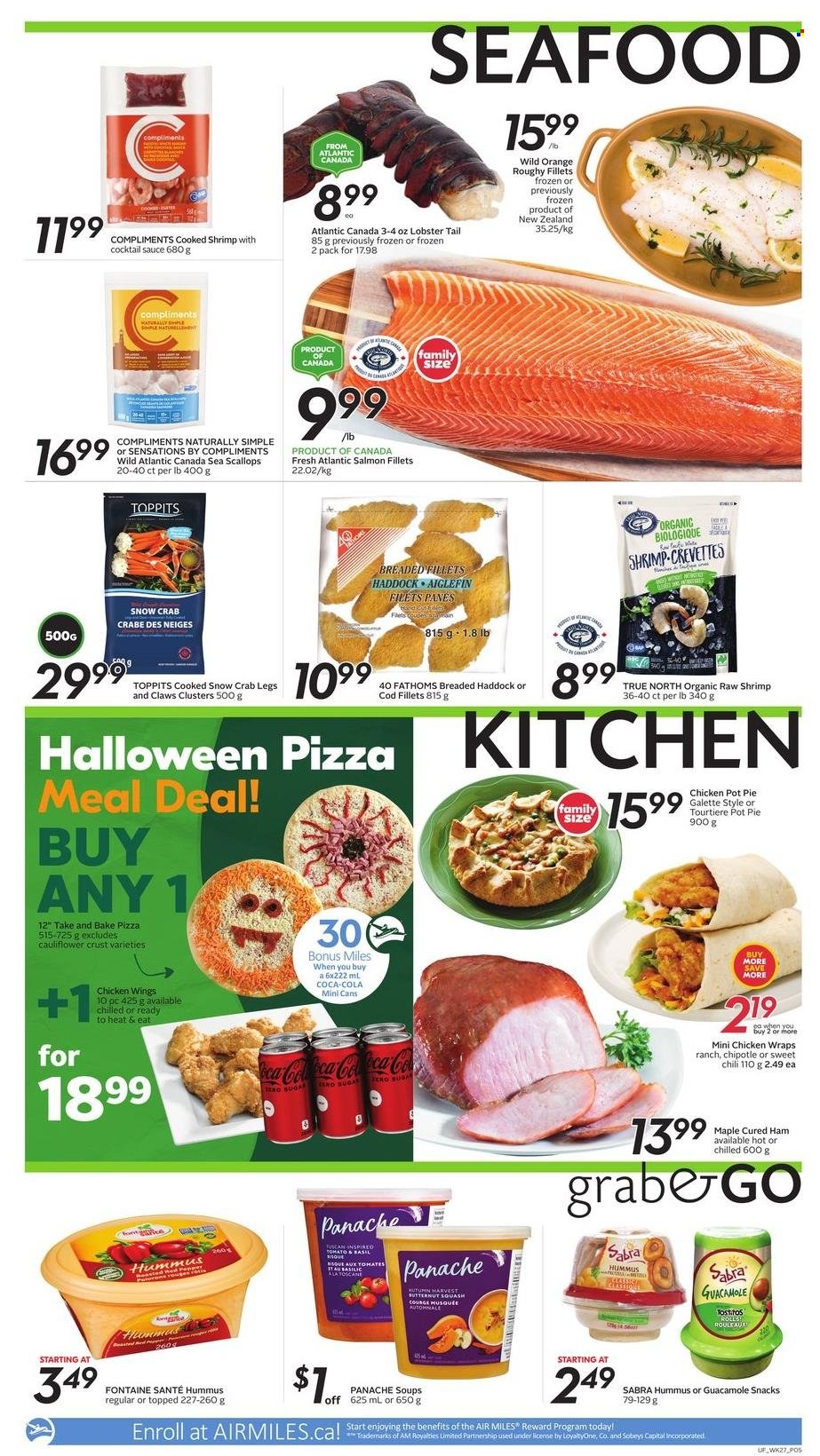 thumbnail - Sobeys Urban Fresh Flyer - October 28, 2021 - November 03, 2021 - Sales products - pie, wraps, pot pie, butternut squash, cod, lobster, salmon, salmon fillet, scallops, haddock, seafood, crab legs, crab, lobster tail, shrimps, pizza, sauce, ham, hummus, guacamole, chicken wings, snack, Tostitos, cocktail sauce, Coca-Cola, oranges. Page 4.