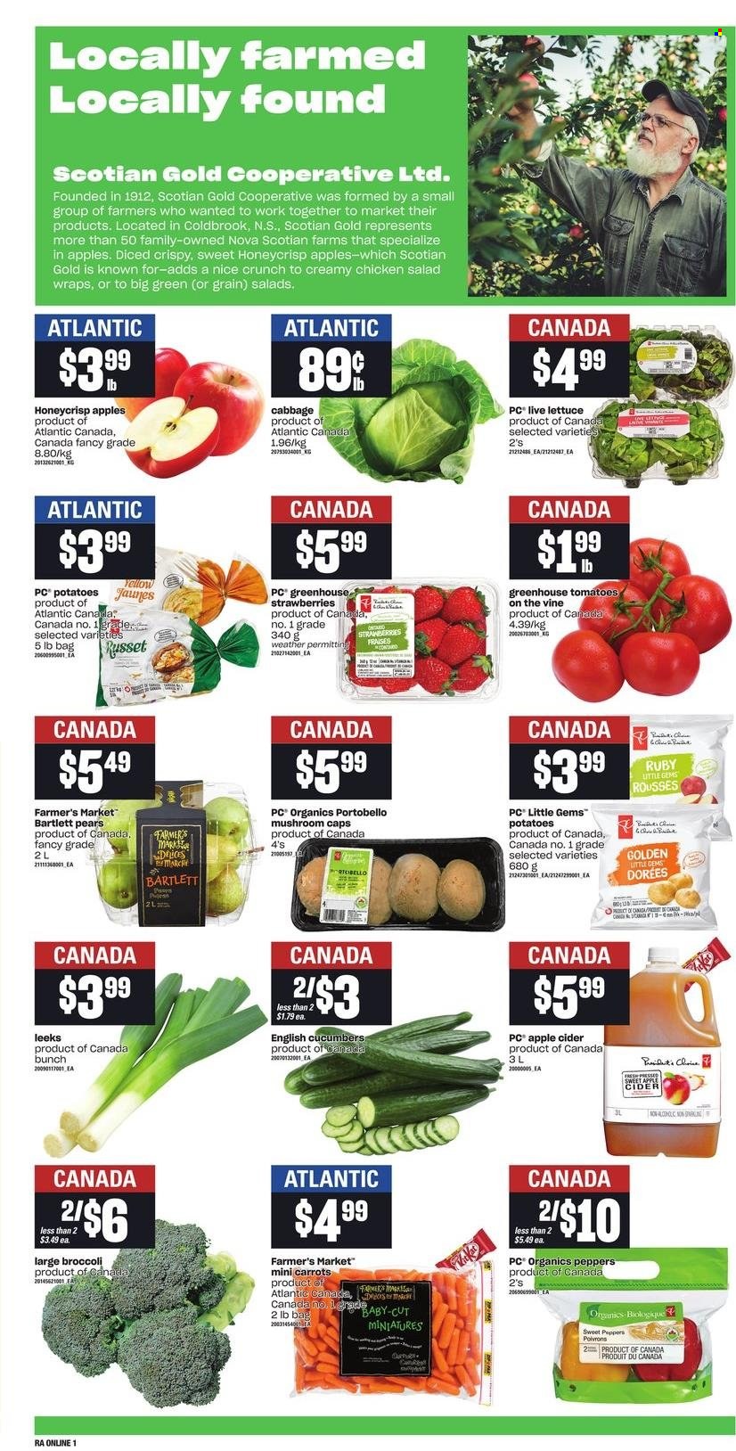 thumbnail - Atlantic Superstore Flyer - October 28, 2021 - November 03, 2021 - Sales products - portobello mushrooms, mushrooms, wraps, broccoli, cabbage, carrots, cucumber, russet potatoes, sweet peppers, tomatoes, potatoes, lettuce, salad, peppers, Bartlett pears, strawberries, pears, chicken salad, apple cider, cider. Page 4.