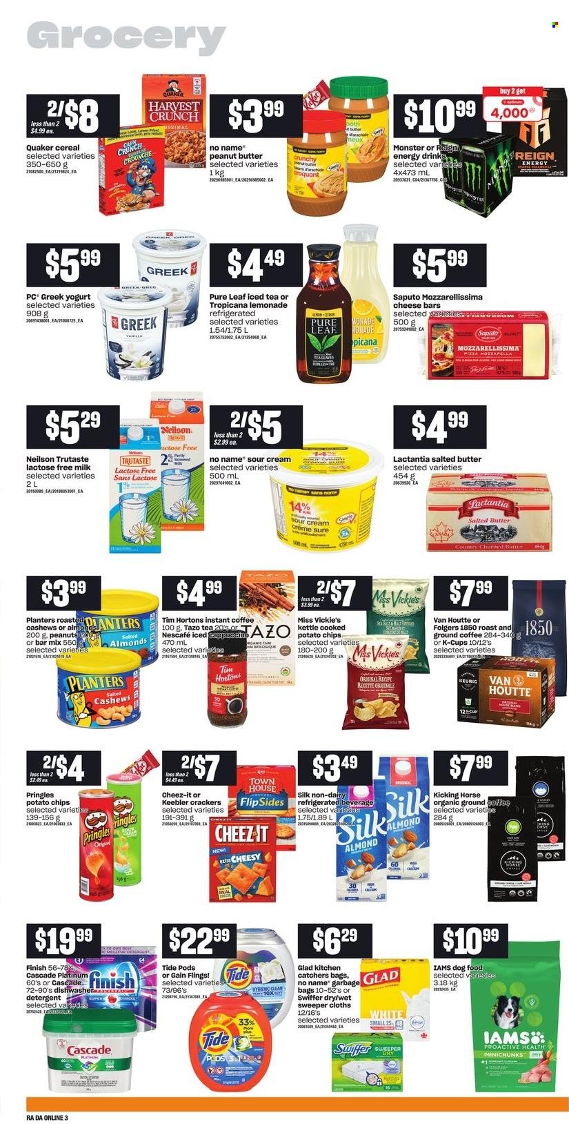 thumbnail - Atlantic Superstore Flyer - October 28, 2021 - November 03, 2021 - Sales products - No Name, pizza, Quaker, greek yoghurt, yoghurt, milk, lactose free milk, Silk, salted butter, sour cream, crackers, Keebler, potato chips, Pringles, Cheez-It, cereals, peanut butter, almonds, cashews, peanuts, Planters, lemonade, energy drink, Monster, ice tea, Pure Leaf, instant coffee, Folgers, ground coffee, coffee capsules, K-Cups, Keurig, Gain, Swiffer, Tide, Cascade, Sure, bag, animal food, dog food, Iams, detergent, chips, Nescafé. Page 7.