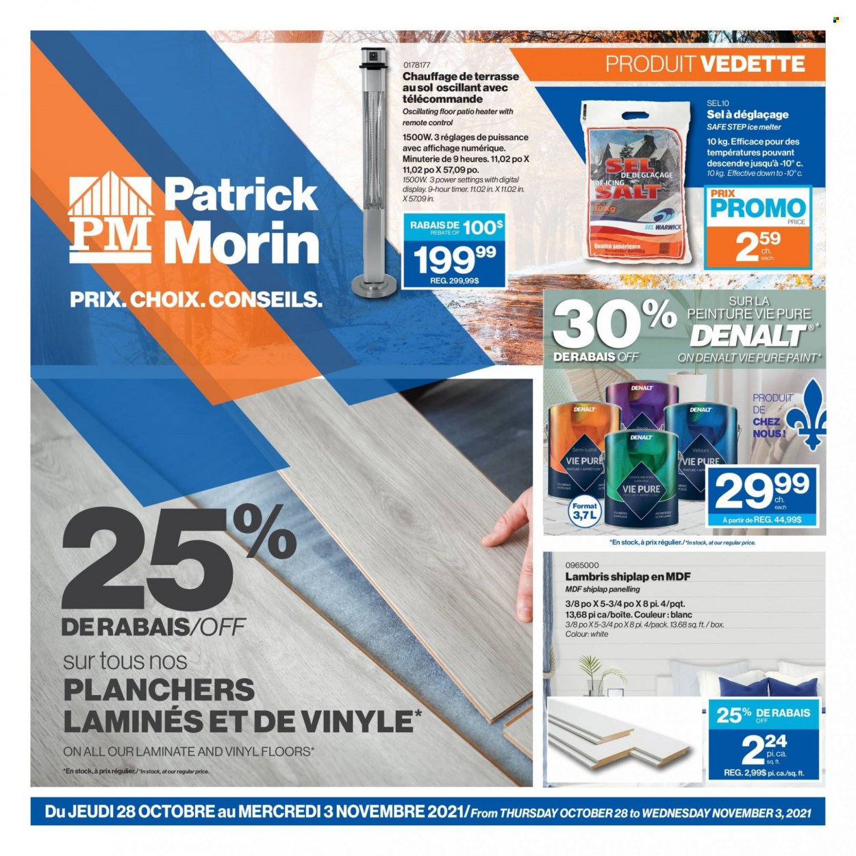 thumbnail - Patrick Morin Flyer - October 28, 2021 - November 03, 2021 - Sales products - shiplap, paint, heater, ice melter. Page 1.