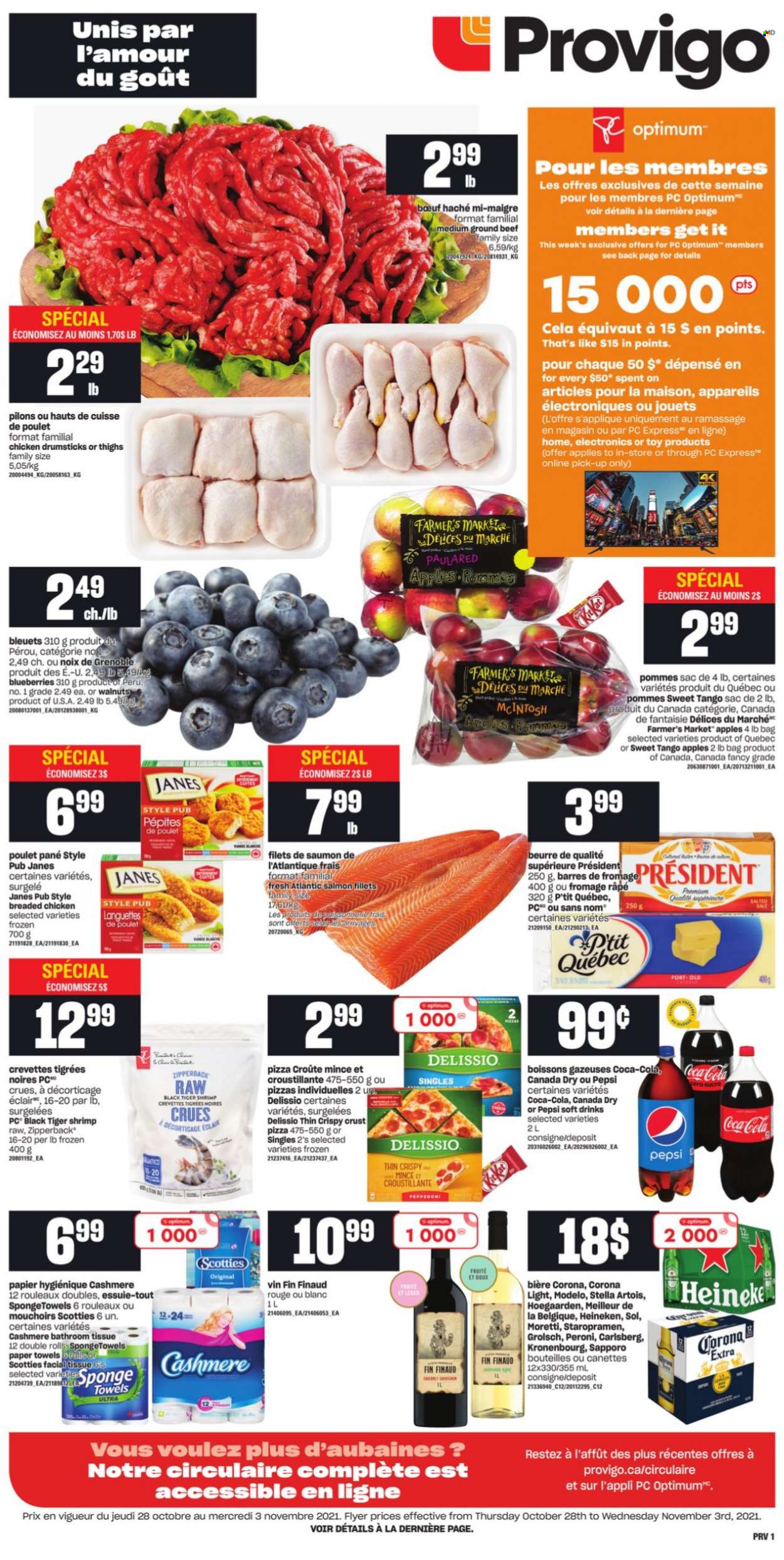 thumbnail - Provigo Flyer - October 28, 2021 - November 03, 2021 - Sales products - apples, blueberries, salmon, salmon fillet, shrimps, pizza, fried chicken, pepperoni, Président, walnuts, Canada Dry, Coca-Cola, Pepsi, soft drink, beer, Corona Extra, Heineken, Carlsberg, Peroni, Sol, Grolsch, Modelo, chicken drumsticks, chicken, beef meat, ground beef, bath tissue, kitchen towels, paper towels, Stella Artois. Page 1.