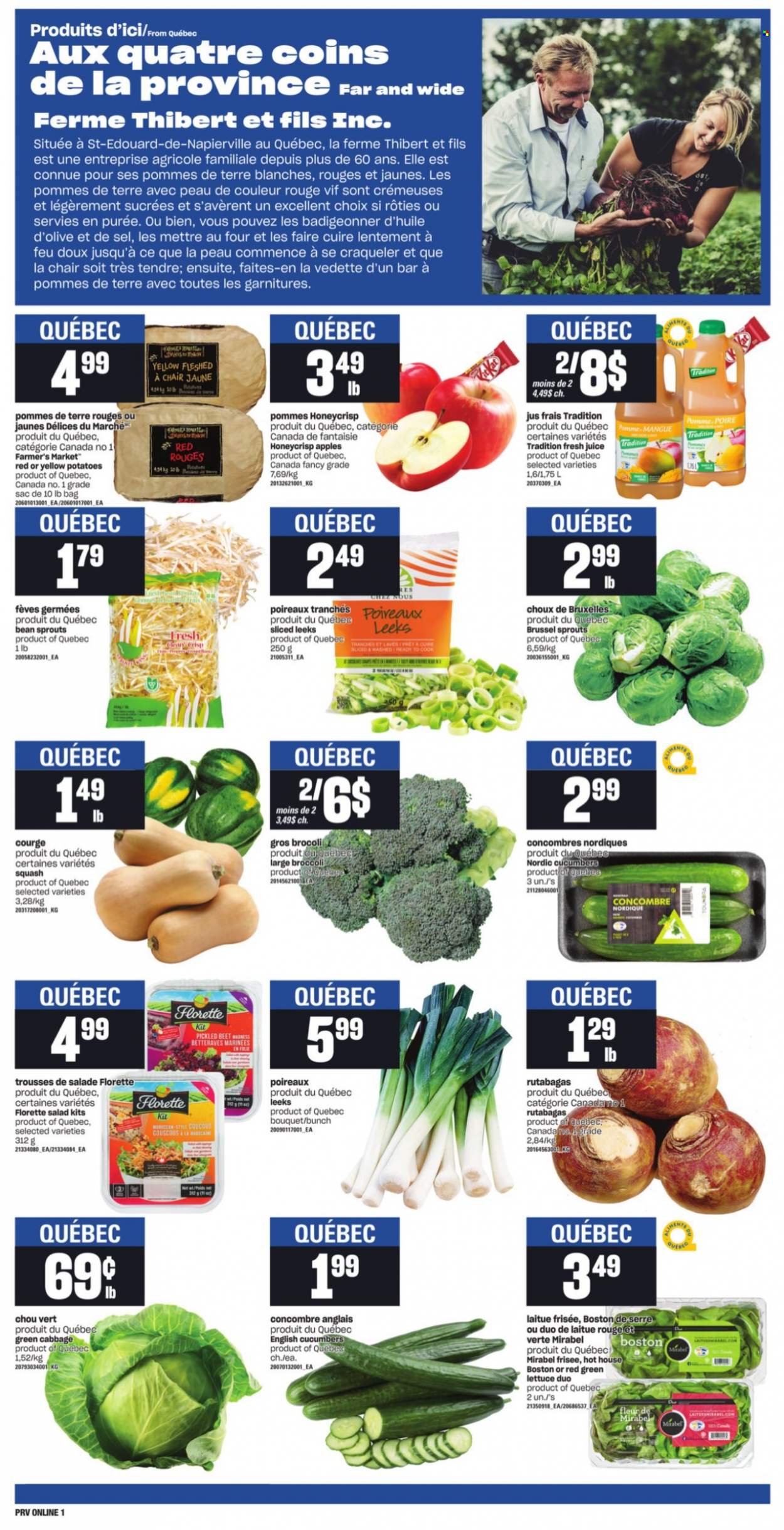thumbnail - Provigo Flyer - October 28, 2021 - November 03, 2021 - Sales products - broccoli, cabbage, cucumber, potatoes, lettuce, salad, brussel sprouts, apples, juice, bean sprouts, couscous. Page 4.