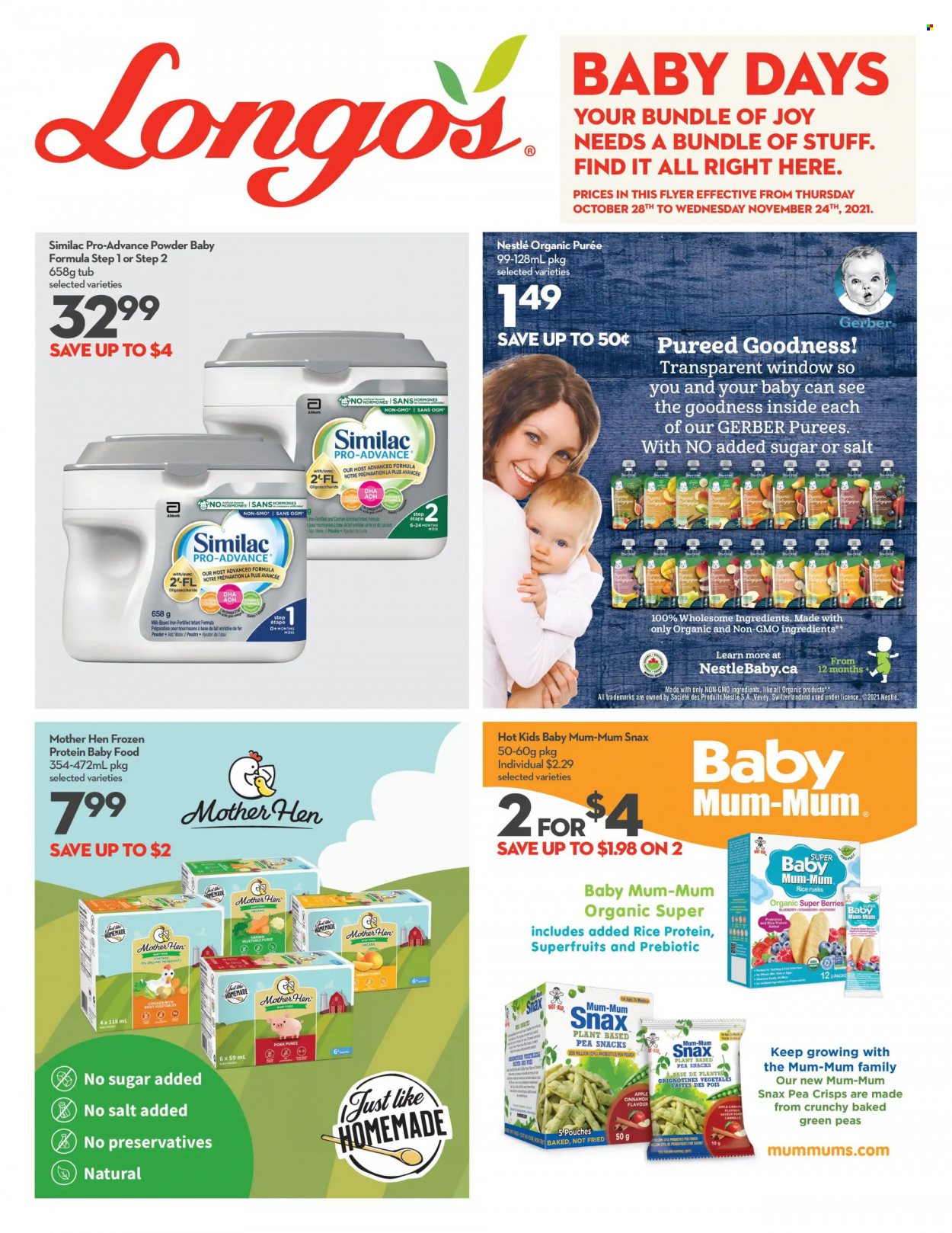 thumbnail - Longo's Flyer - October 28, 2021 - November 24, 2021 - Sales products - rusks, milk, snack, Gerber, cinnamon, Ron Pelicano, Similac, Joy, Mum, probiotics, Nestlé, calcium. Page 1.