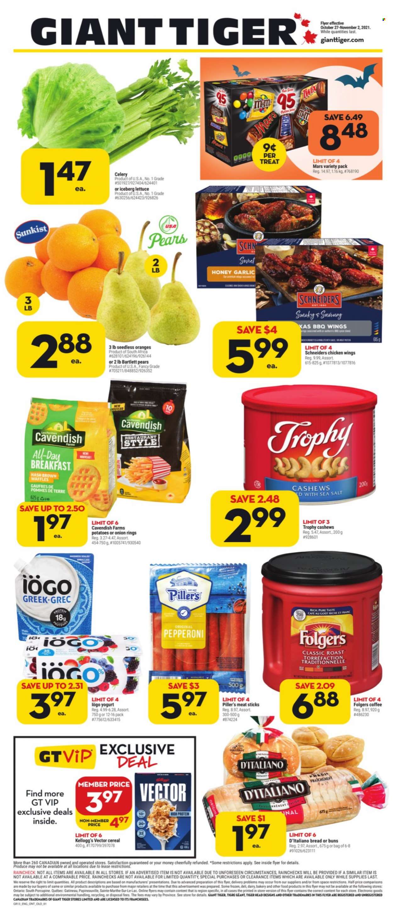 thumbnail - Giant Tiger Flyer - October 27, 2021 - November 02, 2021 - Sales products - bread, buns, waffles, celery, garlic, potatoes, lettuce, Bartlett pears, pears, onion rings, pepperoni, yoghurt, chicken wings, Mars, Kellogg's, cereals, honey, cashews, coffee, Folgers, oranges. Page 1.