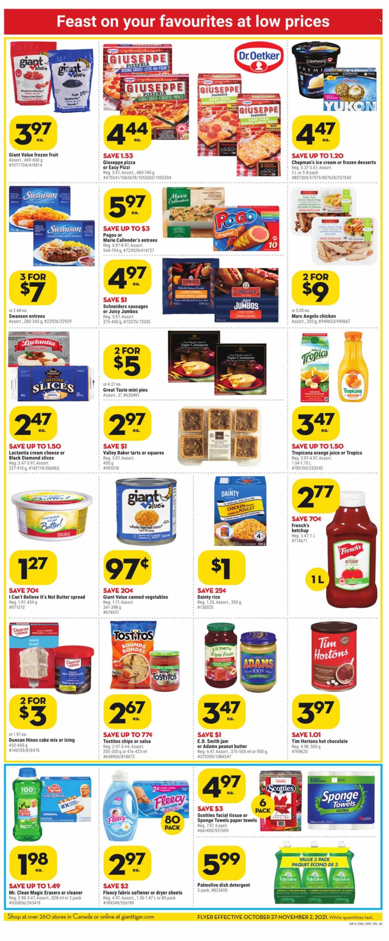 thumbnail - Giant Tiger Flyer - October 27, 2021 - November 02, 2021 - Sales products - cake mix, corn, pizza, Marie Callender's, sausage, Dr. Oetker, I Can't Believe It's Not Butter, ice cream, Tostitos, canned vegetables, rice, cinnamon, salsa, fruit jam, peanut butter, orange juice, juice, hot chocolate, tissues, kitchen towels, paper towels, cleaner, fabric softener, dryer sheets, Palmolive, sponge, detergent, ketchup. Page 2.