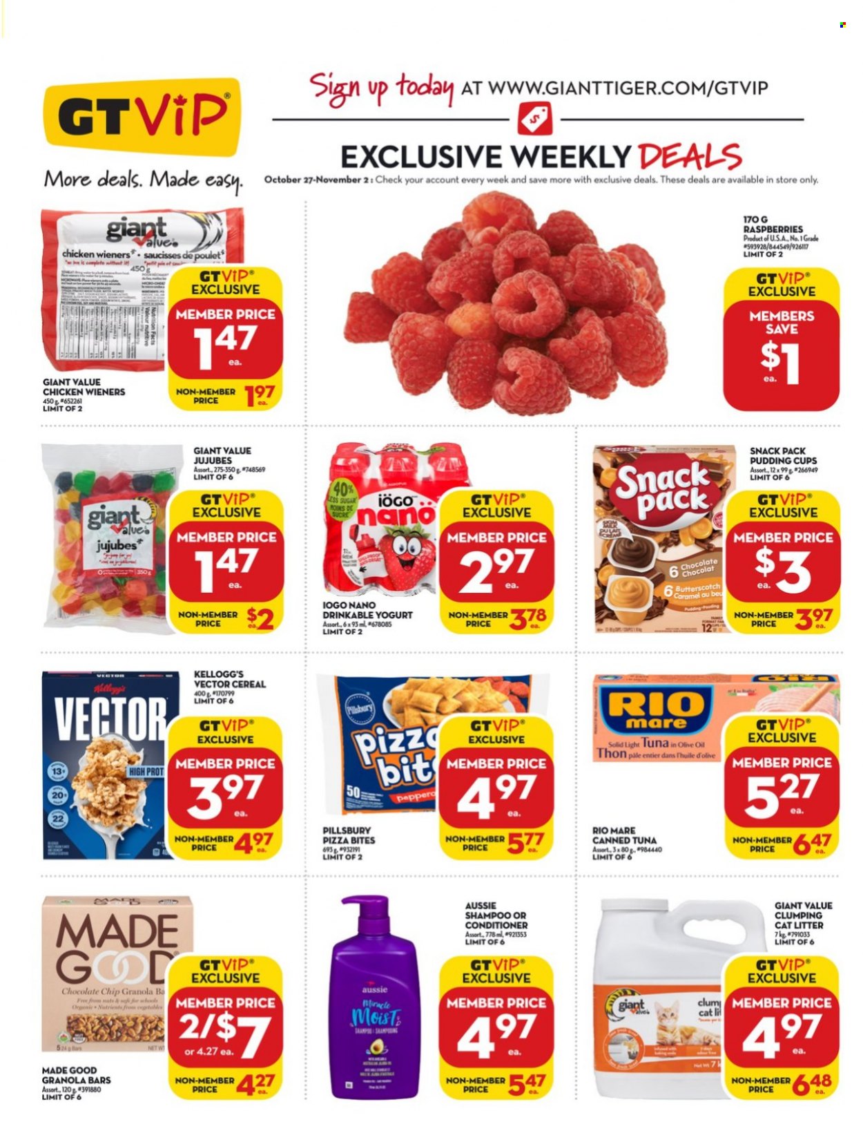 thumbnail - Giant Tiger Flyer - October 27, 2021 - November 02, 2021 - Sales products - pie, tuna, pizza, Pillsbury, pudding, yoghurt, butterscotch, chocolate chips, Kellogg's, sugar, canned tuna, light tuna, cereals, granola bar, oil, Aussie, conditioner, cup, cat litter, shampoo. Page 4.