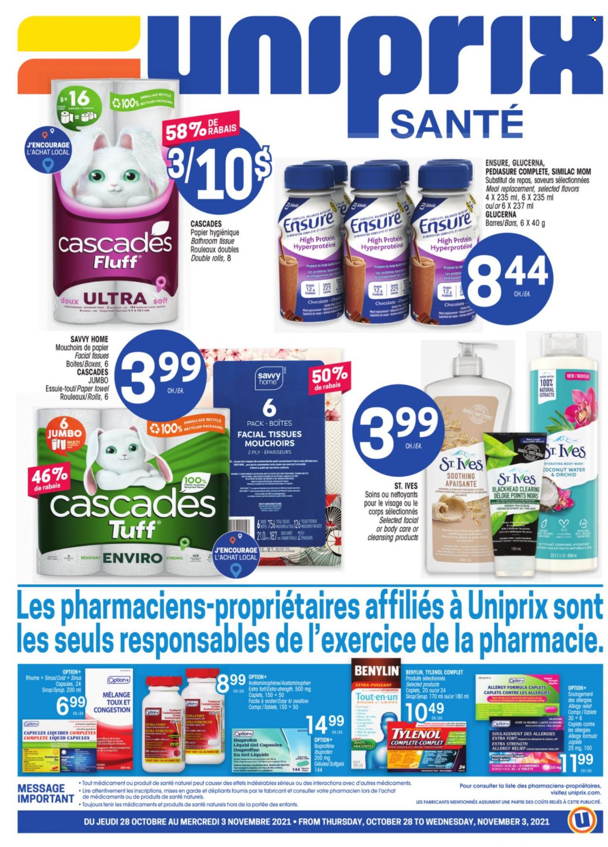 thumbnail - Uniprix Santé Flyer - October 28, 2021 - November 03, 2021 - Sales products - chocolate, syrup, green tea, tea, Similac, bath tissue, paper towels, XTRA, body wash, facial tissues, body lotion, Tylenol, Ibuprofen, Glucerna, Benylin, allergy relief. Page 1.