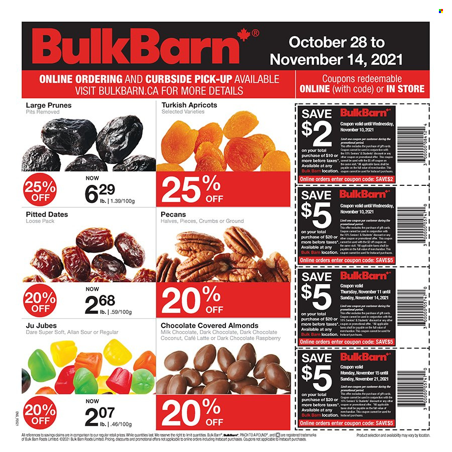 thumbnail - Bulk Barn Flyer - October 28, 2021 - November 14, 2021 - Sales products - coconut, apricots, milk chocolate, almonds, prunes, pecans, dried fruit, dried dates. Page 1.