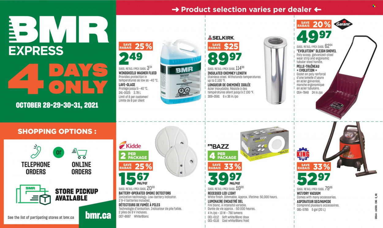 thumbnail - BMR Flyer - October 28, 2021 - October 31, 2021 - Sales products - LED light, shovel, washer fluid. Page 1.