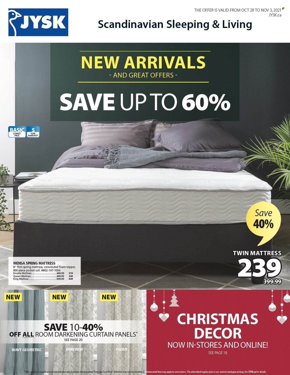 thumbnail - JYSK Flyer - October 28, 2021 - November 03, 2021 - Sales products - topper, curtain, mattress, christmas decor. Page 1.