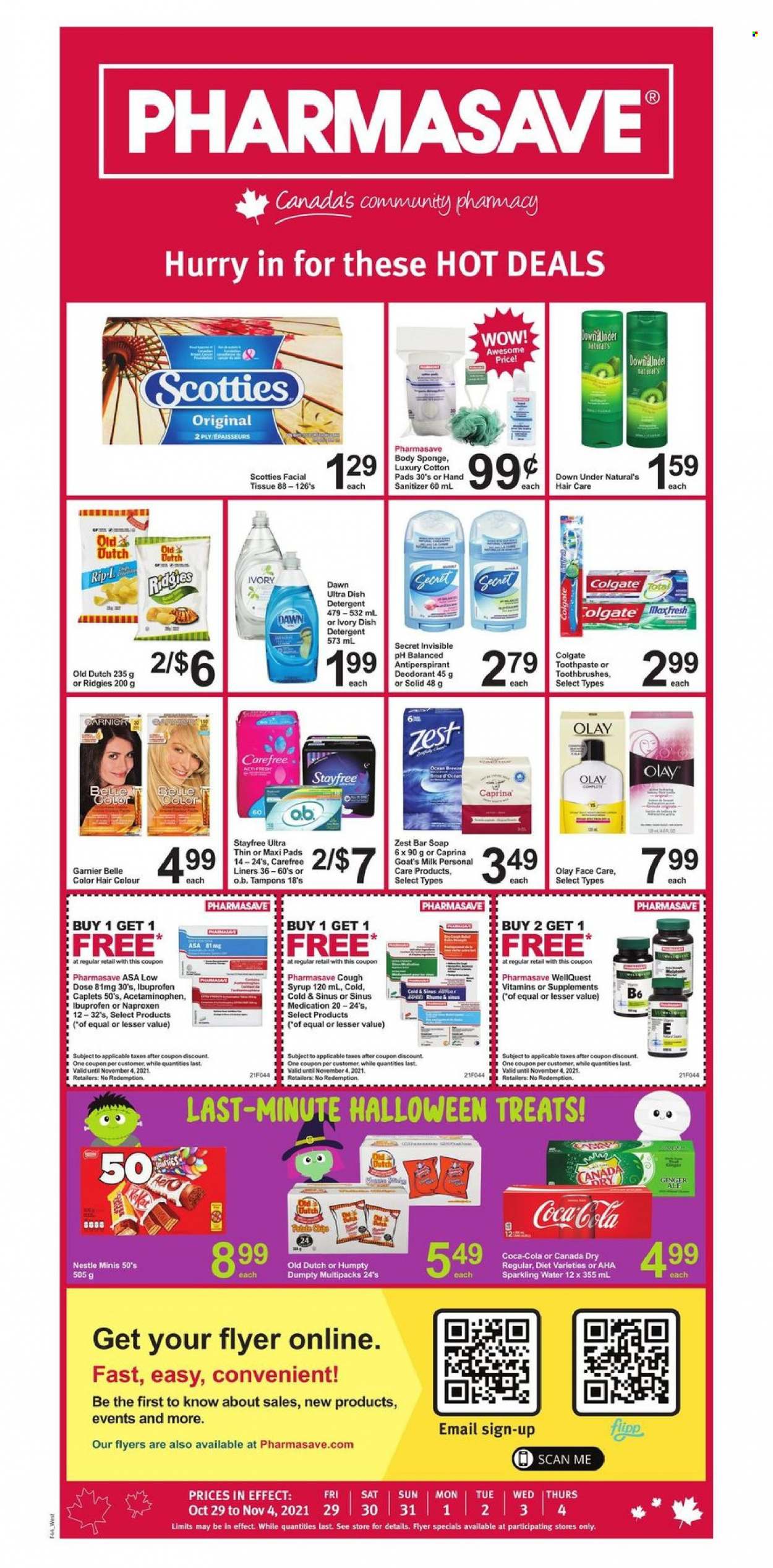 thumbnail - Pharmasave Flyer - October 29, 2021 - November 04, 2021 - Sales products - milk, syrup, Canada Dry, Coca-Cola, ginger ale, sparkling water, tissues, soap bar, soap, toothpaste, Stayfree, sanitary pads, Carefree, tampons, Olay, hair color, anti-perspirant, hand sanitizer, Halloween, Ibuprofen, Nestlé, detergent, Colgate, Garnier, deodorant. Page 1.