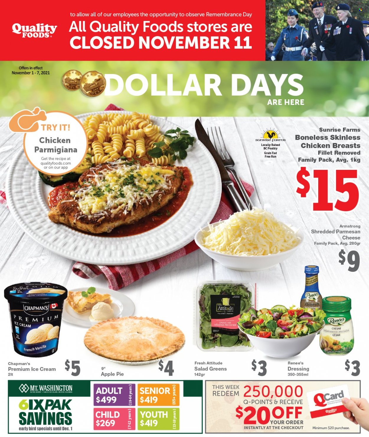 thumbnail - Quality Foods Flyer - November 01, 2021 - November 07, 2021 - Sales products - apple pie, parmesan, ice cream, parmigiana, dressing, chicken breasts, salad greens. Page 1.