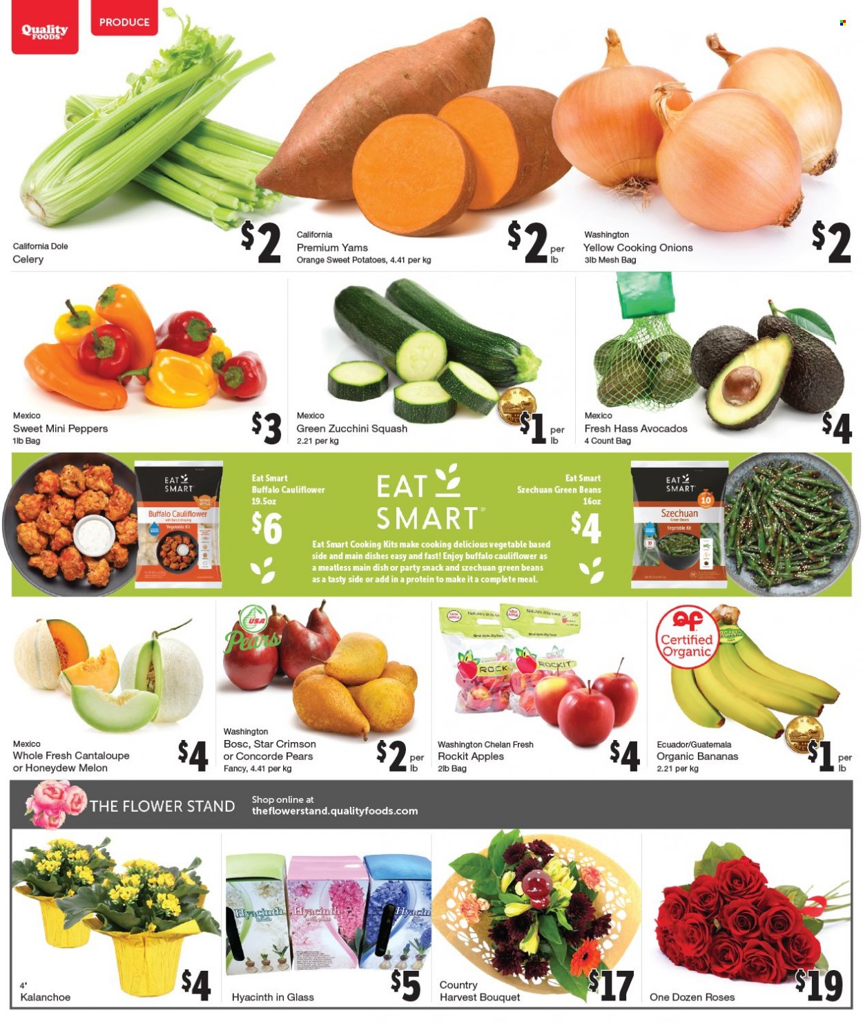 thumbnail - Quality Foods Flyer - November 01, 2021 - November 07, 2021 - Sales products - beans, cantaloupe, cauliflower, celery, green beans, sweet potato, zucchini, potatoes, onion, Dole, peppers, apples, avocado, bananas, honeydew, pears, melons, organic bananas, Country Harvest, snack, oranges. Page 2.