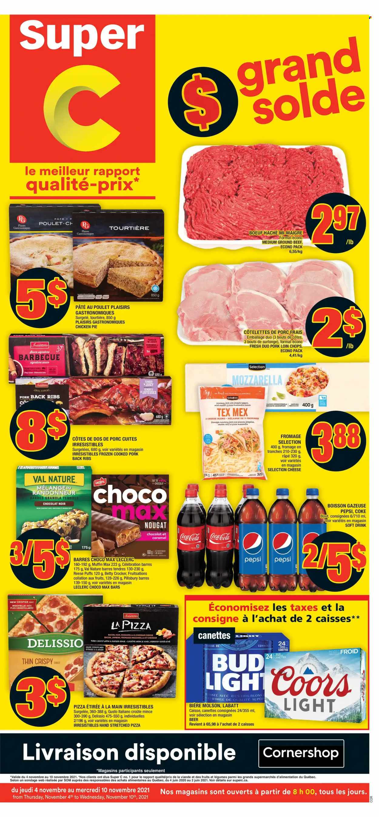 thumbnail - Super C Flyer - November 04, 2021 - November 10, 2021 - Sales products - pie, puffs, muffin, peppers, pizza, sauce, Pillsbury, bacon, ham, Monterey Jack cheese, Celebration, caramel, dried fruit, Coca-Cola, Pepsi, soft drink, beer, beef meat, ground beef, pork chops, pork loin, pork meat, pork ribs, pork back ribs, granola, raisins, nougat, Coors. Page 1.
