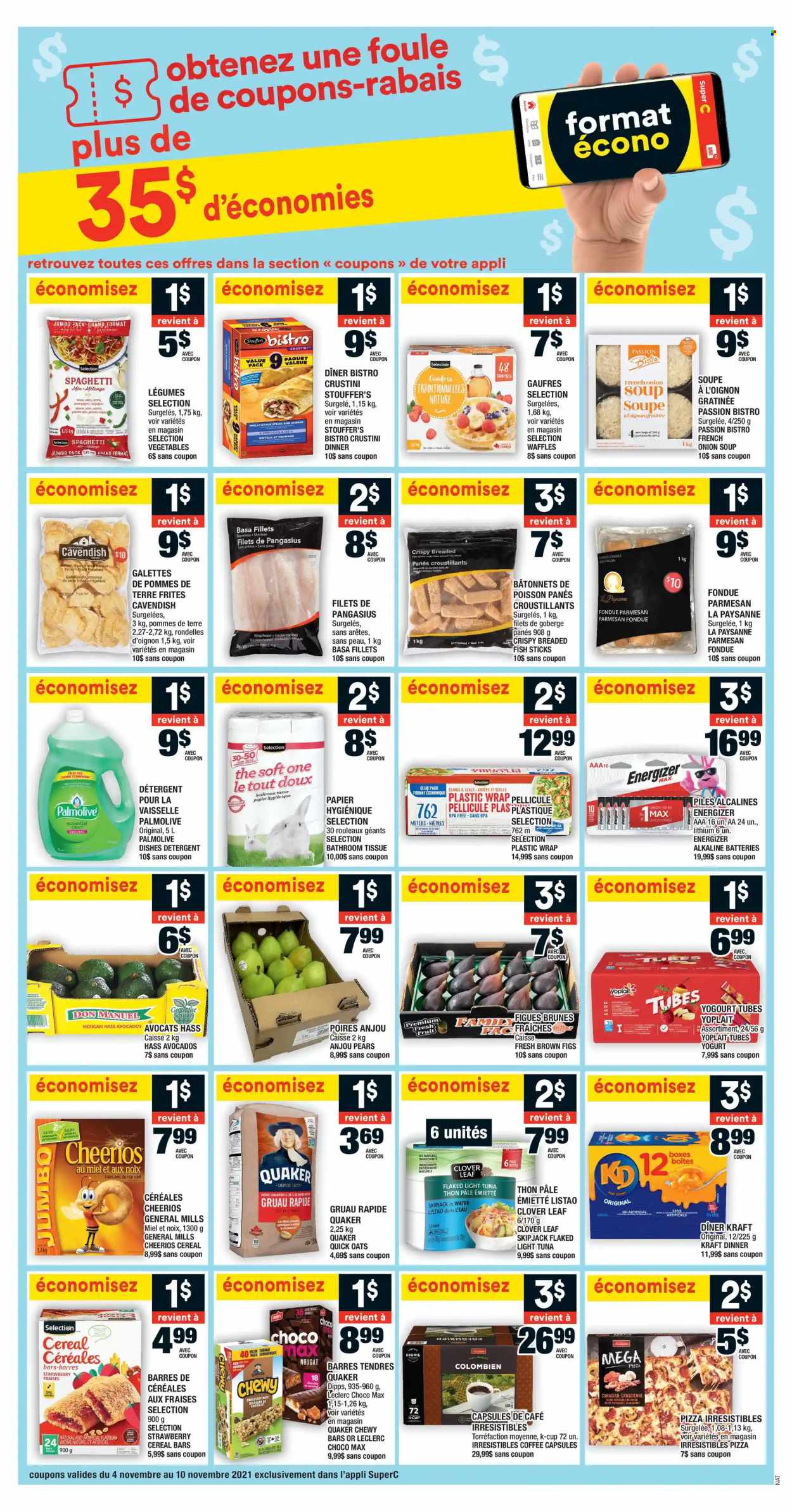 thumbnail - Super C Flyer - November 04, 2021 - November 10, 2021 - Sales products - waffles, avocado, figs, pears, tuna, pangasius, fish, fish fingers, fish sticks, spaghetti, pizza, onion soup, soup, Quaker, breaded fish, Kraft®, parmesan, yoghurt, Clover, Yoplait, Stouffer's, chocolate, cereal bar, oats, light tuna, cereals, Cheerios, Quick Oats, coffee, coffee capsules, K-Cups, Keurig, bath tissue, Palmolive, detergent, Energizer, steak, nougat. Page 12.