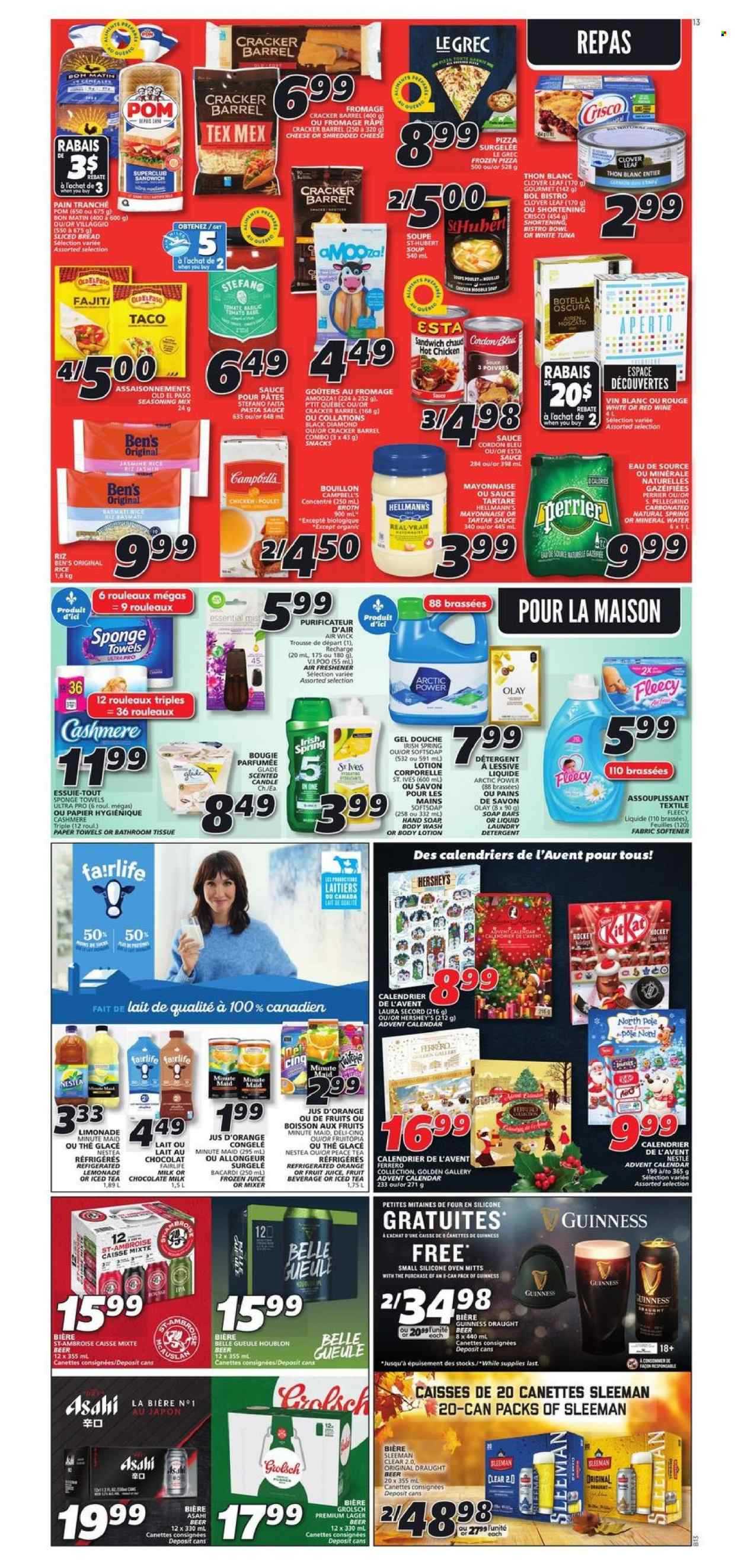 thumbnail - IGA Flyer - November 04, 2021 - November 10, 2021 - Sales products - bread, Old El Paso, Campbell's, pizza, pasta sauce, sandwich, soup, sauce, shredded cheese, advent calendar, Clover, milk, mayonnaise, Hellmann’s, Hershey's, milk chocolate, chocolate, snack, KitKat, crackers, bouillon, Crisco, shortening, broth, rice, spice, lemonade, juice, fruit juice, ice tea, Perrier, fruit punch, mineral water, San Pellegrino, Bacardi, beer, Guinness, Grolsch, Lager, IPA, Nestlé, Ferrero Rocher, cordon bleu, oranges. Page 8.