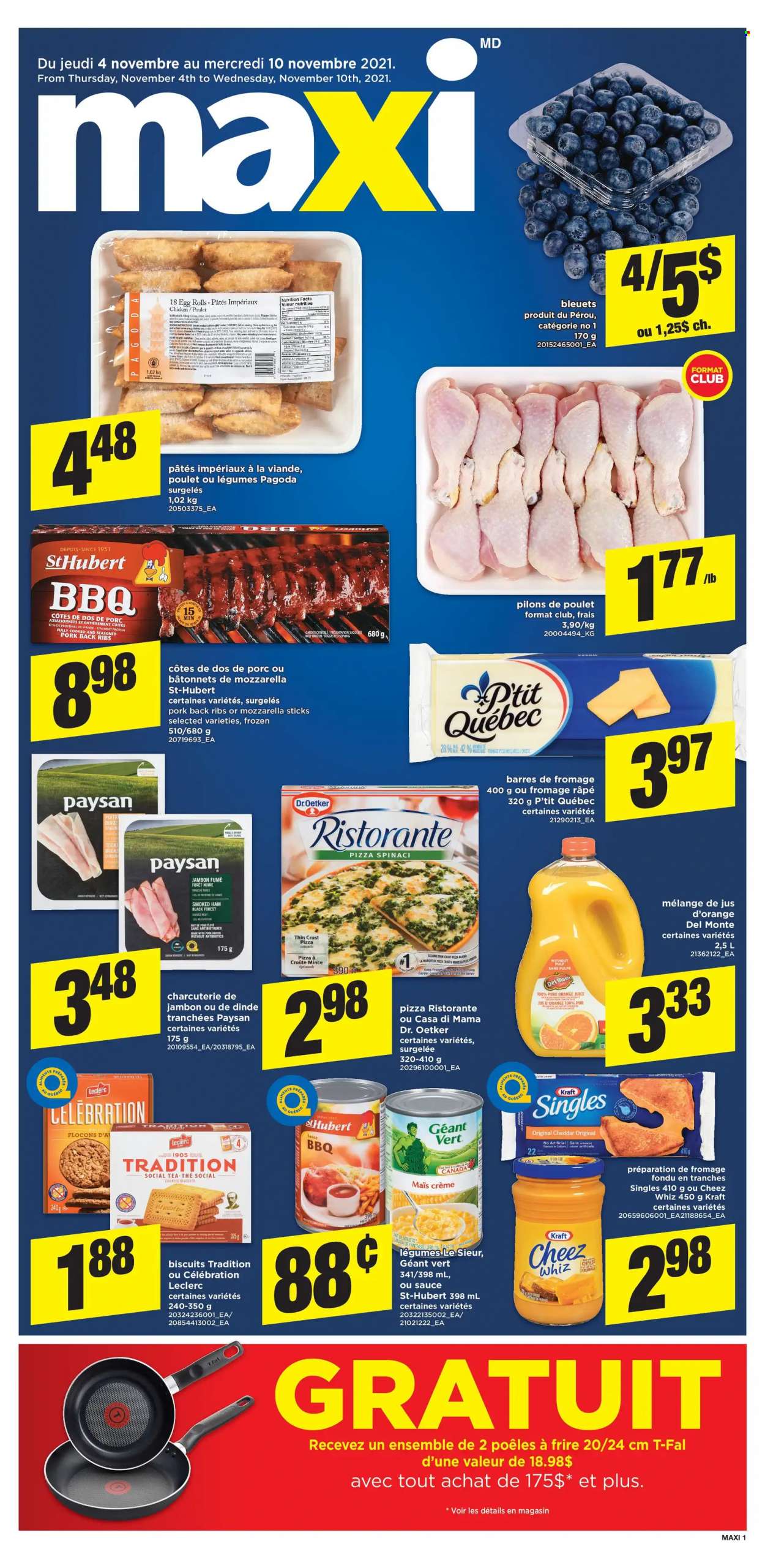 thumbnail - Maxi Flyer - November 04, 2021 - November 10, 2021 - Sales products - sauce, egg rolls, Kraft®, ham, smoked ham, cheddar, Dr. Oetker, Celebration, biscuit, orange juice, juice, tea, pork meat, pork ribs, pork back ribs. Page 1.