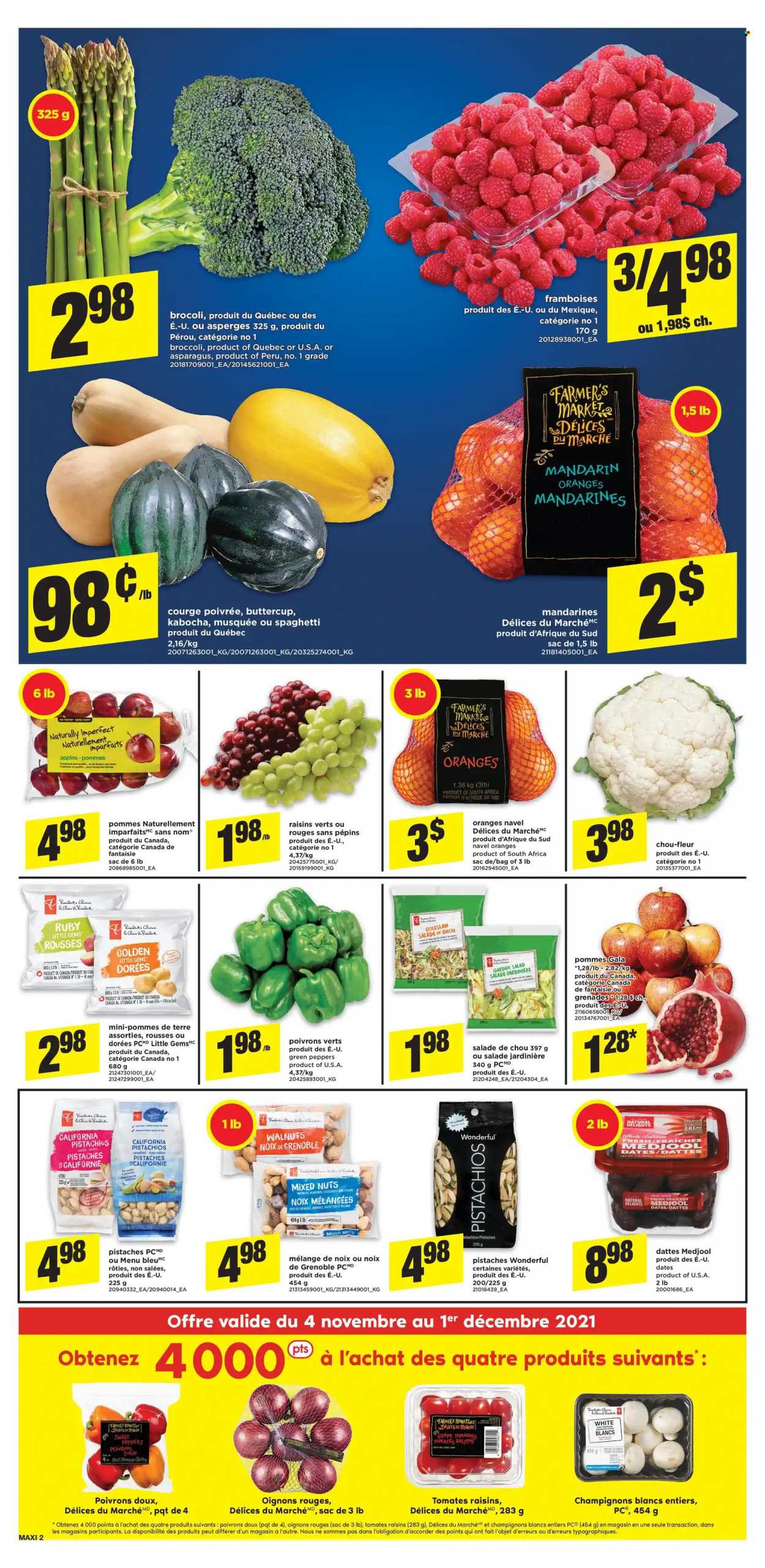 thumbnail - Maxi Flyer - November 04, 2021 - November 10, 2021 - Sales products - asparagus, broccoli, tomatoes, pumpkin, salad, peppers, apples, Gala, mandarines, navel oranges, No Name, coleslaw, spaghetti, almonds, walnuts, dried fruit, pistachios, dried dates, mixed nuts, raisins, oranges. Page 3.
