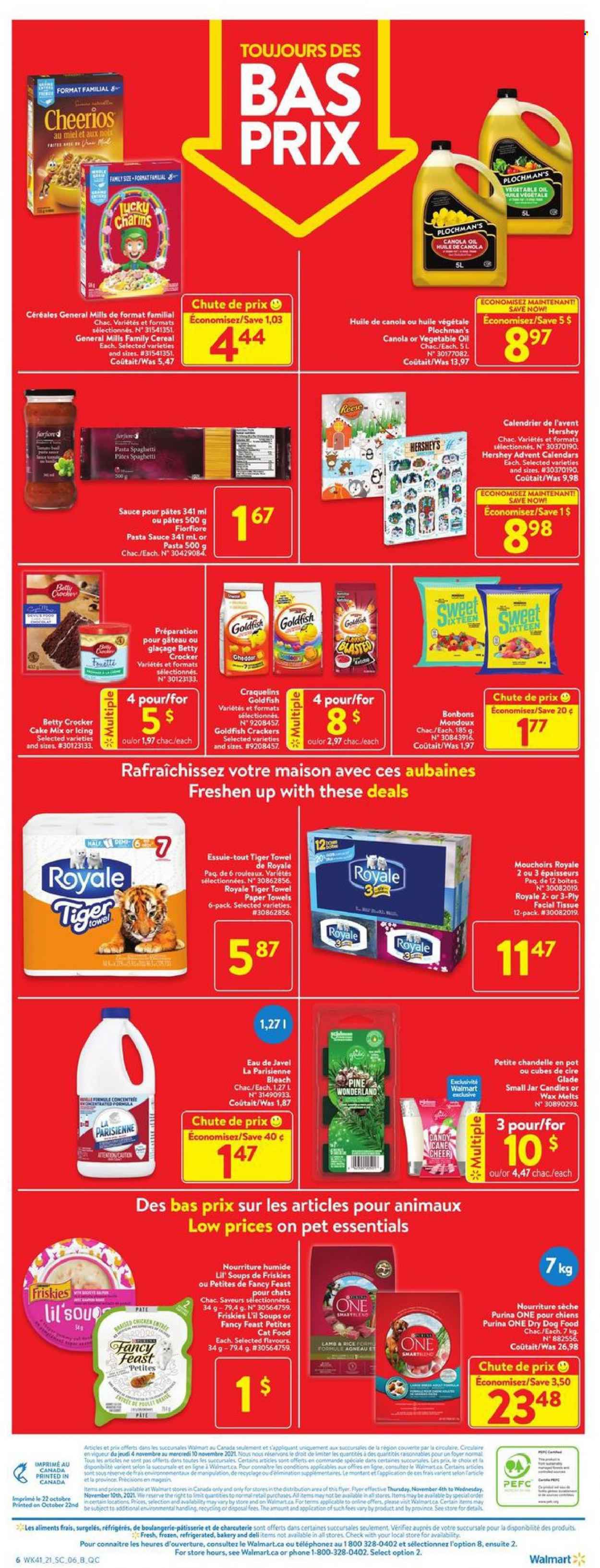 thumbnail - Walmart Flyer - November 04, 2021 - November 10, 2021 - Sales products - cake mix, fish, spaghetti, pasta sauce, sauce, Hershey's, candy cane, crackers, Goldfish, cereals, Cheerios, canola oil, oil, tissues, kitchen towels, paper towels, bleach, pot, jar, candle, Glade, animal food, cat food, dog food, Purina, dry dog food, Fancy Feast, Friskies. Page 4.