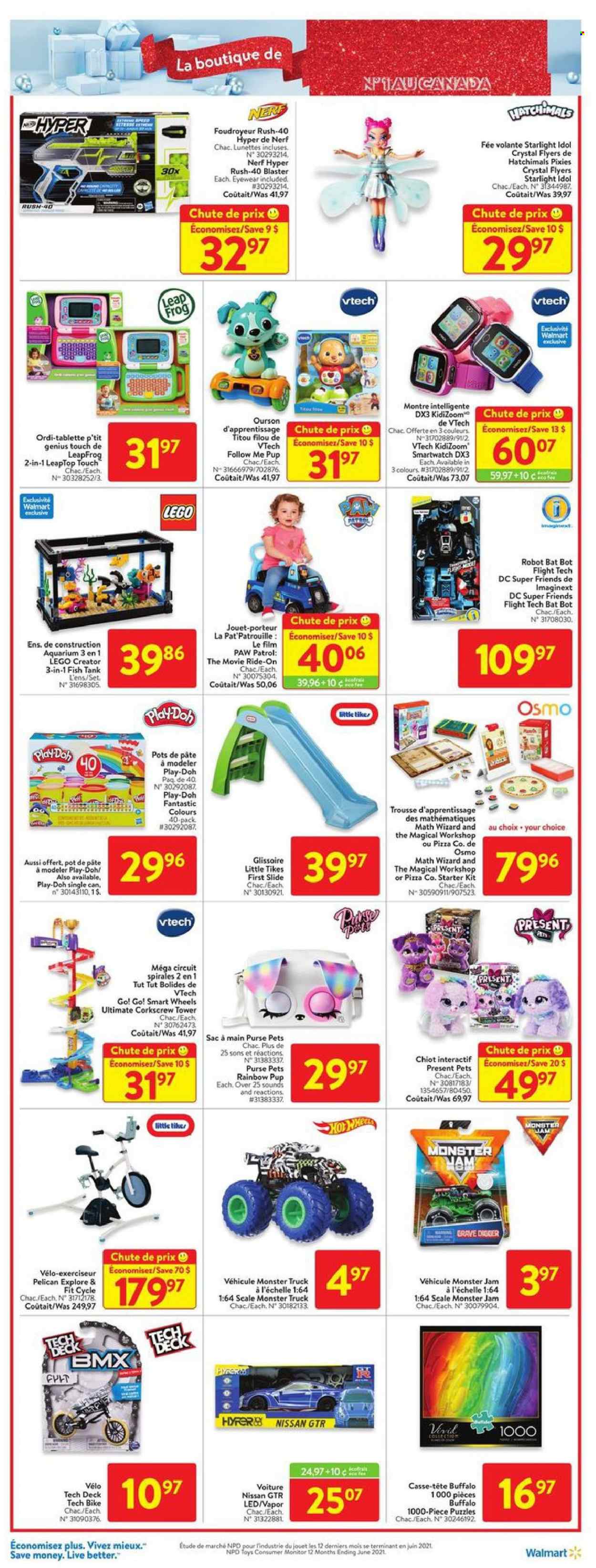 thumbnail - Walmart Flyer - November 04, 2021 - November 10, 2021 - Sales products - scale, fish, pizza, ham, Paw Patrol, Monster, Follow Me, pot, aquarium, tank, smart watch, LeapFrog, Vtech, Little Tikes, Go!, LEGO, LEGO Creator, monitor, Nerf, robot, Play-doh, Hatchimals. Page 11.