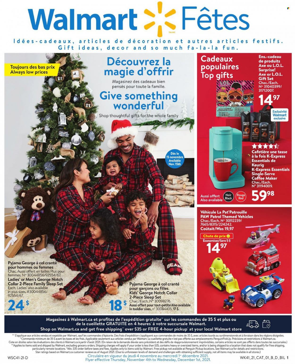 thumbnail - Walmart Flyer - November 04, 2021 - December 01, 2021 - Sales products - advent calendar, gift set, Paw Patrol, Keurig, calendar, coffee machine, penguin, L.O.L. Surprise, sleep set. Page 1.