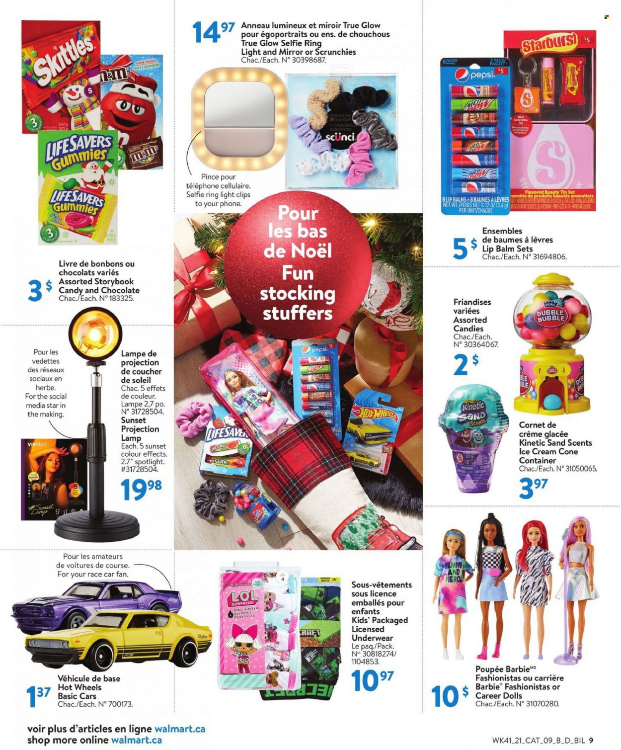 thumbnail - Walmart Flyer - November 04, 2021 - December 01, 2021 - Sales products - ice cream, Skittles, Starburst, Pepsi, Hot Wheels, lip balm, Scünci, Barbie, container, spotlight, Vivitar, mirror, underwear, doll, lamp. Page 10.