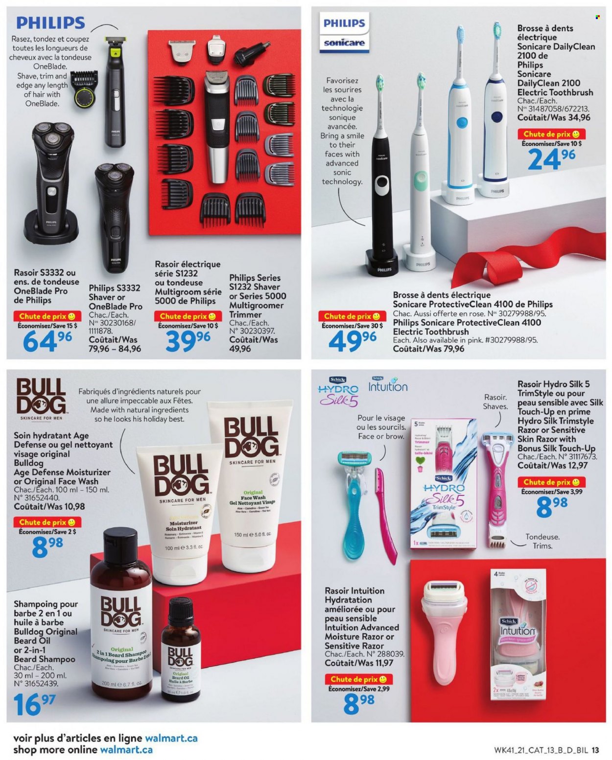 thumbnail - Walmart Flyer - November 04, 2021 - December 01, 2021 - Sales products - Philips, Silk, rosemary, wine, rosé wine, face gel, toothbrush, moisturizer, beard oil, Schick, shaver, trimmer, electric toothbrush, Sonicare, rose, bikini, shampoo. Page 14.