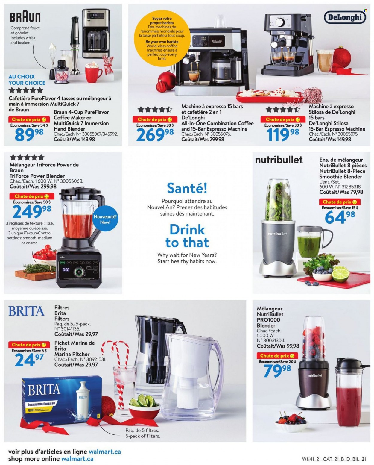 thumbnail - Walmart Flyer - November 04, 2021 - December 01, 2021 - Sales products - pitcher, coffee machine, De'Longhi, espresso maker, NutriBullet, hand blender, Braun. Page 22.