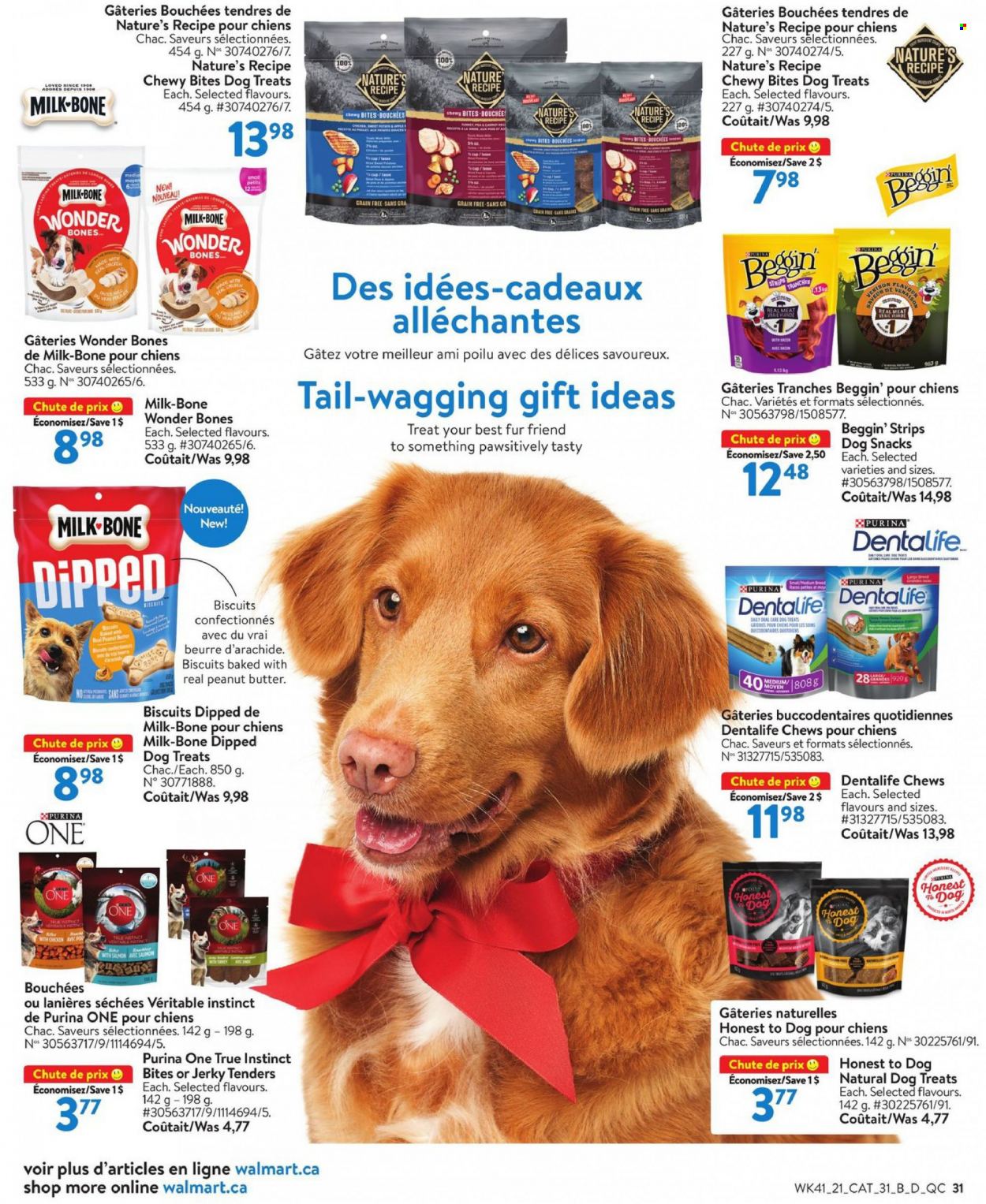 thumbnail - Walmart Flyer - November 04, 2021 - December 01, 2021 - Sales products - jerky, milk, strips, snack, chewing gum, peanut butter, Purina, Dentalife, Beggin'. Page 32.