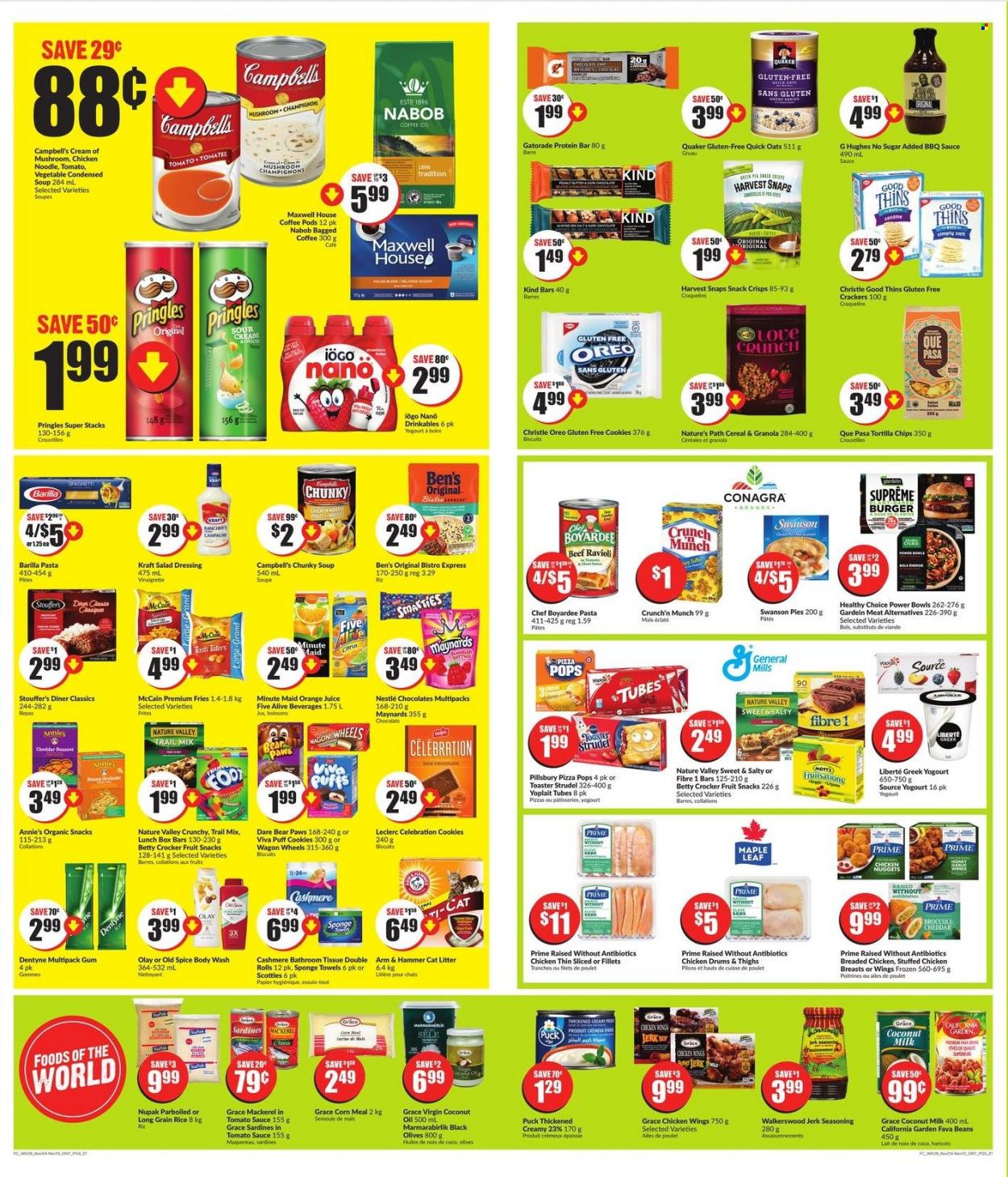 thumbnail - Chalo! FreshCo. Flyer - November 04, 2021 - November 10, 2021 - Sales products - strudel, broccoli, corn, fava beans, Mott's, mackerel, sardines, Campbell's, ravioli, pizza, condensed soup, soup, nuggets, hamburger, pasta, fried chicken, Pillsbury, chicken nuggets, Barilla, Quaker, noodles, instant soup, Healthy Choice, Annie's, Kraft®, stuffed chicken, Puck, Yoplait, sour cream, chicken wings, Stouffer's, McCain, potato fries, cookies, chocolate, Celebration, crackers, biscuit, fruit snack, tortilla chips, Pringles, Thins, ARM & HAMMER, oats, Harvest Snaps, coconut milk, Chef Boyardee, cereals, protein bar, Quick Oats, Nature Valley, rice, long grain rice, spice, BBQ sauce, salad dressing, vinaigrette dressing, dressing, coconut oil, oil, honey, trail mix, orange juice, juice, Gatorade, fruit punch, Maxwell House, coffee pods, bagged coffee, Oreo, Nestlé, granola, Old Spice, olives. Page 4.