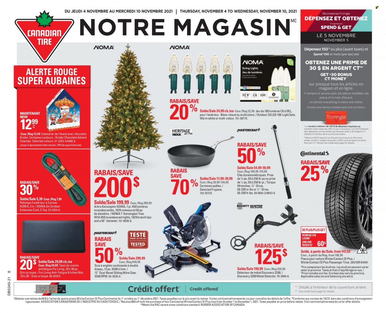 thumbnail - Canadian Tire Flyer - November 04, 2021 - November 10, 2021 - Sales products - Bounty, calendar, Hunter, light set, string lights, kitchen mat, saw, torque wrench, extension cord, Continental, tires. Page 1.