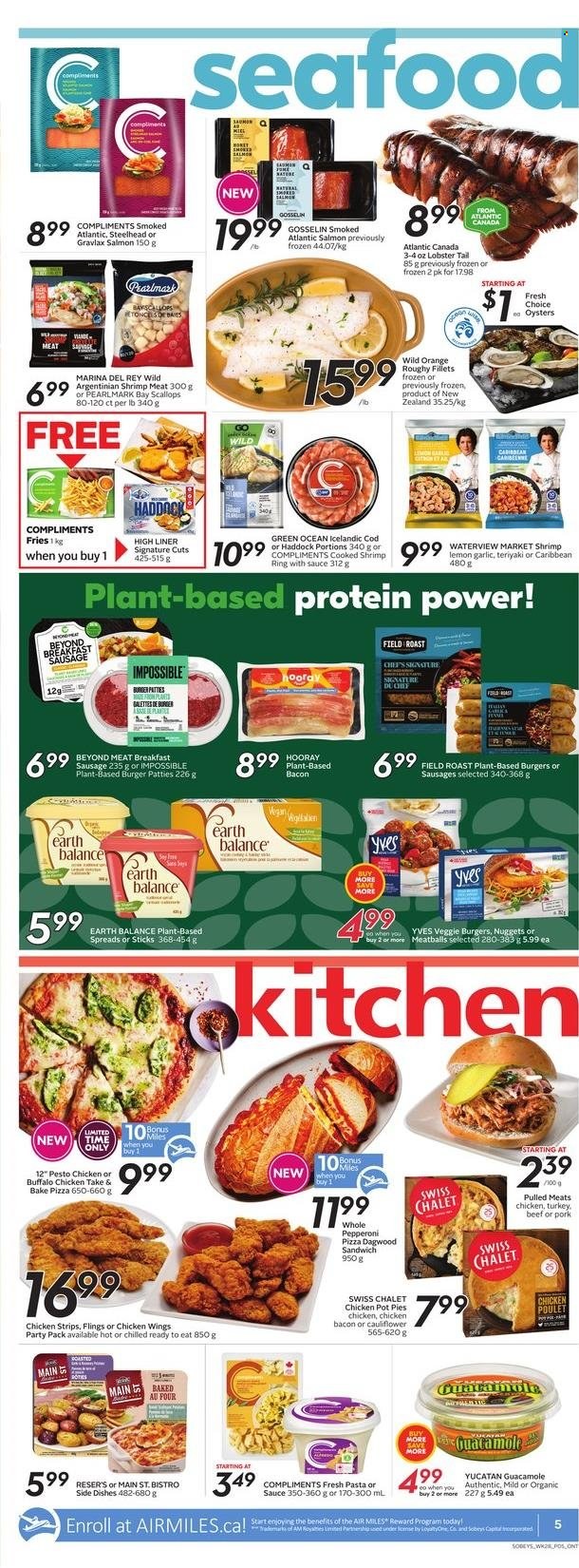 thumbnail - Sobeys Flyer - November 04, 2021 - November 10, 2021 - Sales products - pot pie, garlic, cod, lobster, salmon, scallops, haddock, oysters, lobster tail, shrimps, pizza, meatballs, nuggets, dagwood, veggie burger, bacon, sausage, pepperoni, guacamole, chicken wings, strips, chicken strips, potato fries, burger patties, oranges. Page 8.