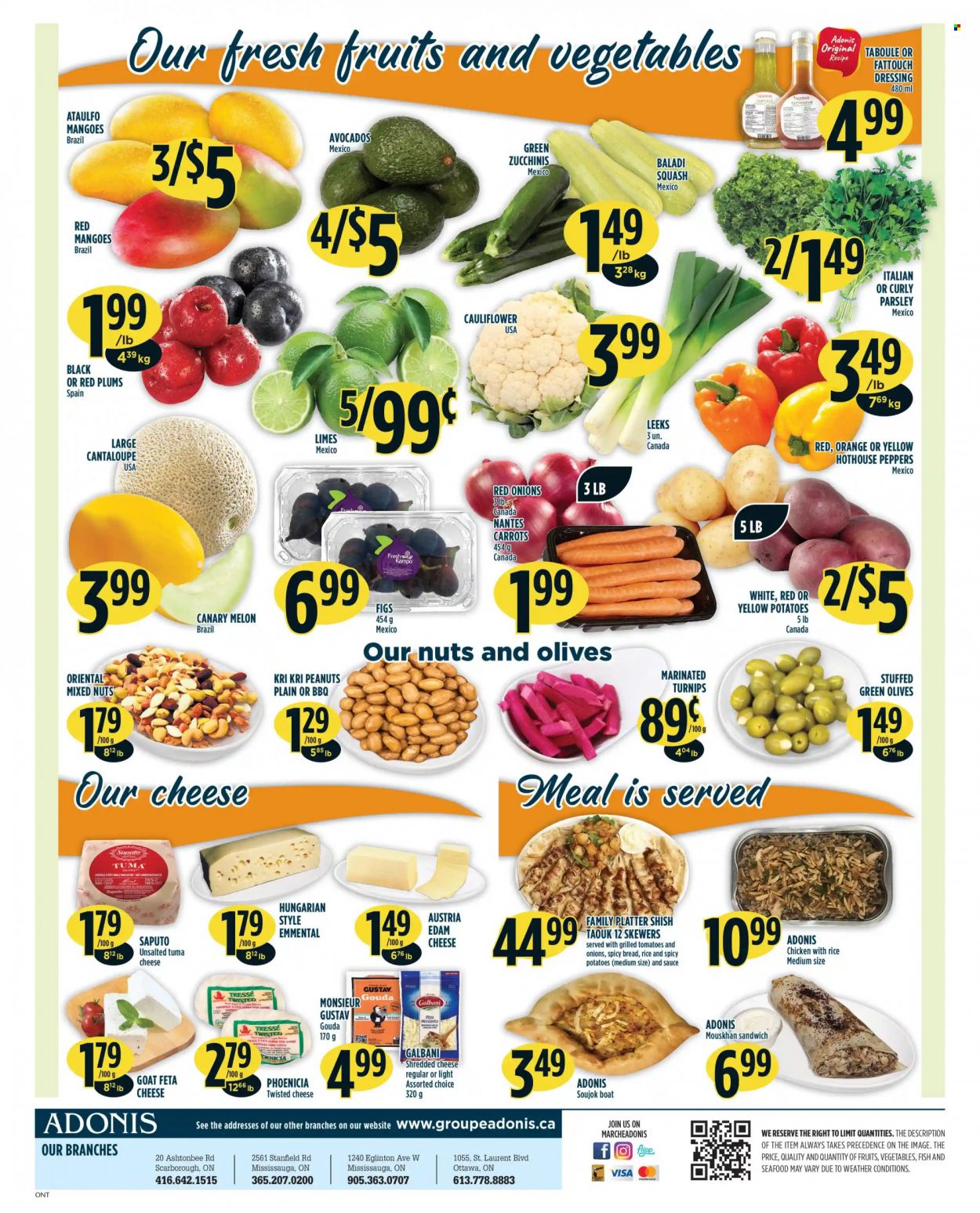 thumbnail - Adonis Flyer - November 04, 2021 - November 10, 2021 - Sales products - cantaloupe, red onions, potatoes, parsley, avocado, figs, limes, mango, plums, red plums, melons, seafood, pizza, sandwich, sauce, edam cheese, gouda, shredded cheese, feta, Galbani, dressing, peanuts, mixed nuts, turnips, olives, oranges. Page 2.