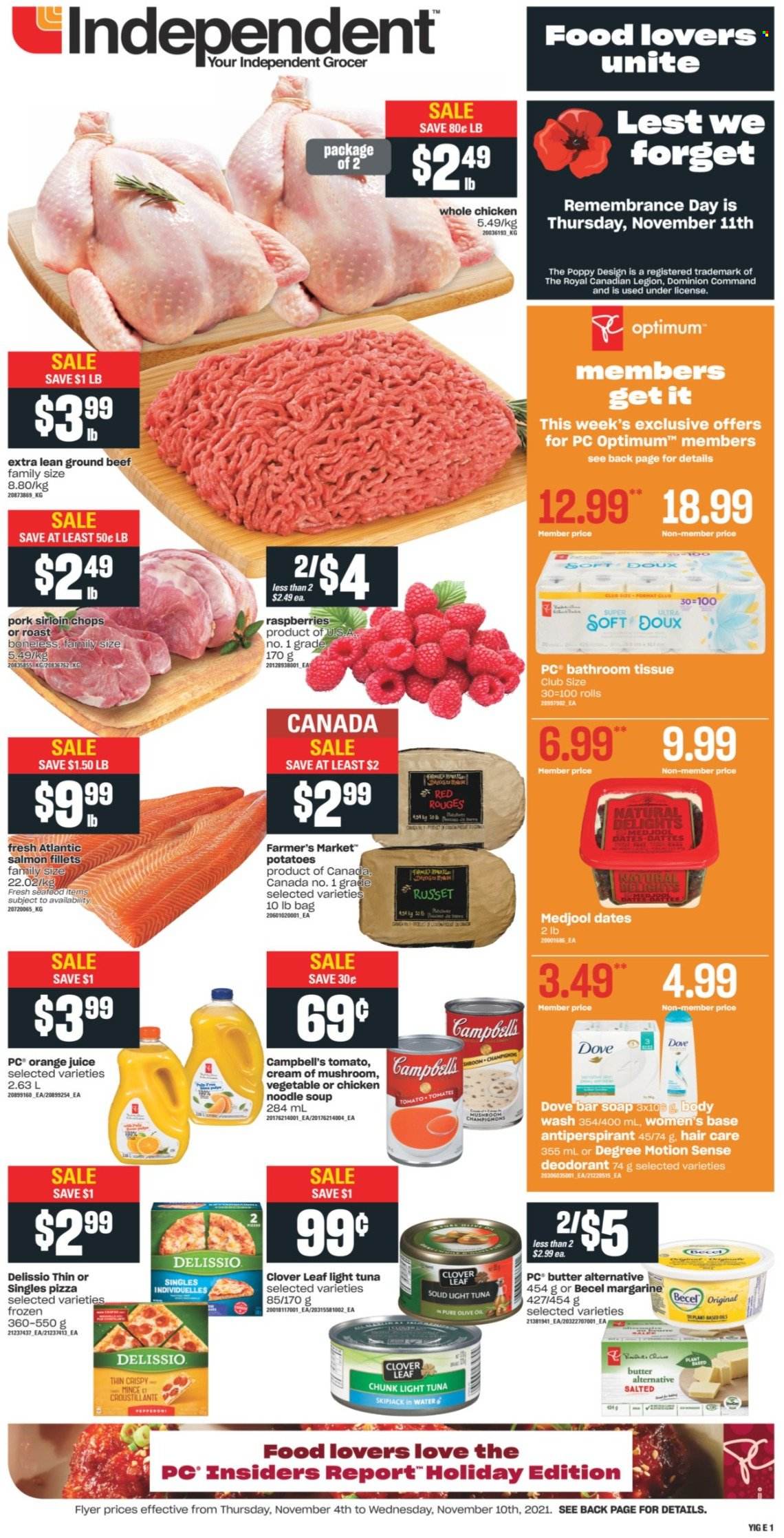 thumbnail - Independent Flyer - November 04, 2021 - November 10, 2021 - Sales products - russet potatoes, potatoes, salmon, salmon fillet, tuna, Campbell's, pizza, soup, noodles cup, noodles, pepperoni, Clover, butter, margarine, light tuna, dried dates, orange juice, juice, whole chicken, chicken, beef meat, ground beef, pork loin, bath tissue, body wash, soap bar, soap, anti-perspirant, Optimum, Dove, deodorant. Page 1.