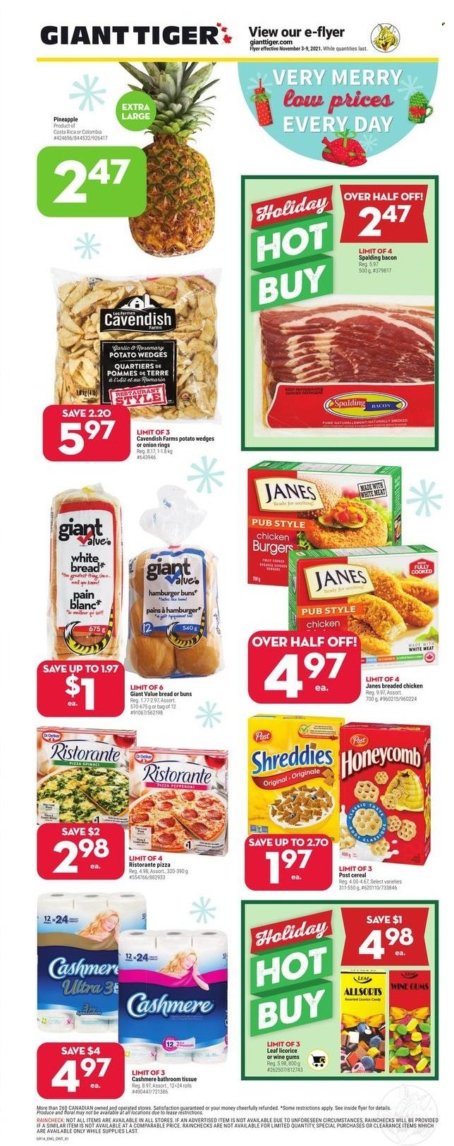 thumbnail - Giant Tiger Flyer - November 03, 2021 - November 09, 2021 - Sales products - bread, buns, burger buns, pineapple, pizza, onion rings, bacon, potato wedges, cereals, rosemary, bath tissue, Spalding. Page 1.