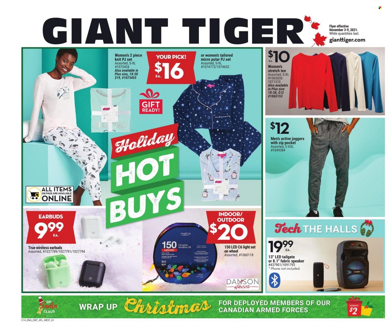 thumbnail - Giant Tiger Flyer - November 03, 2021 - November 09, 2021 - Sales products - Halls, phone, speaker, earbuds, t-shirt, joggers, light set. Page 1.