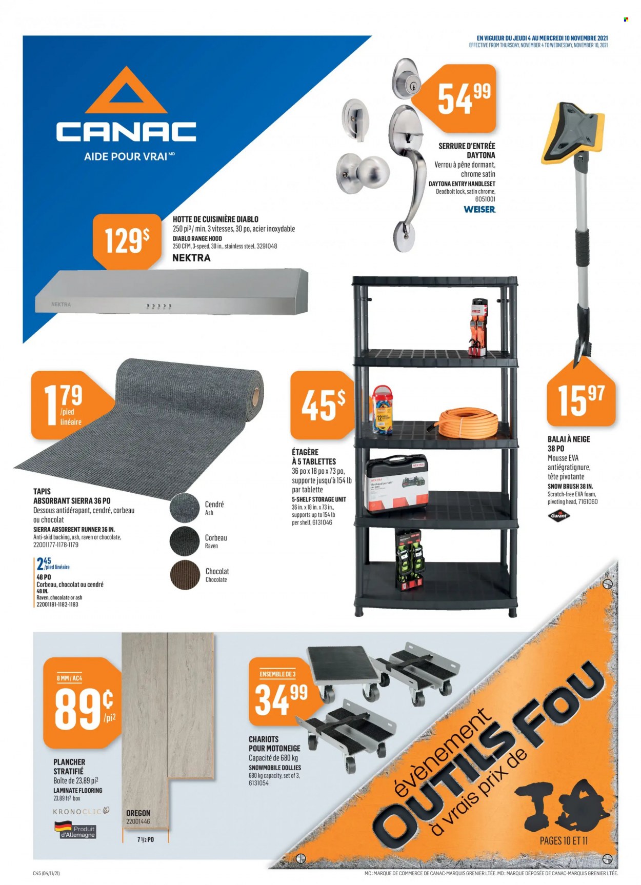 thumbnail - Canac Flyer - November 04, 2021 - November 10, 2021 - Sales products - storage box, flooring, laminate floor, brush. Page 1.