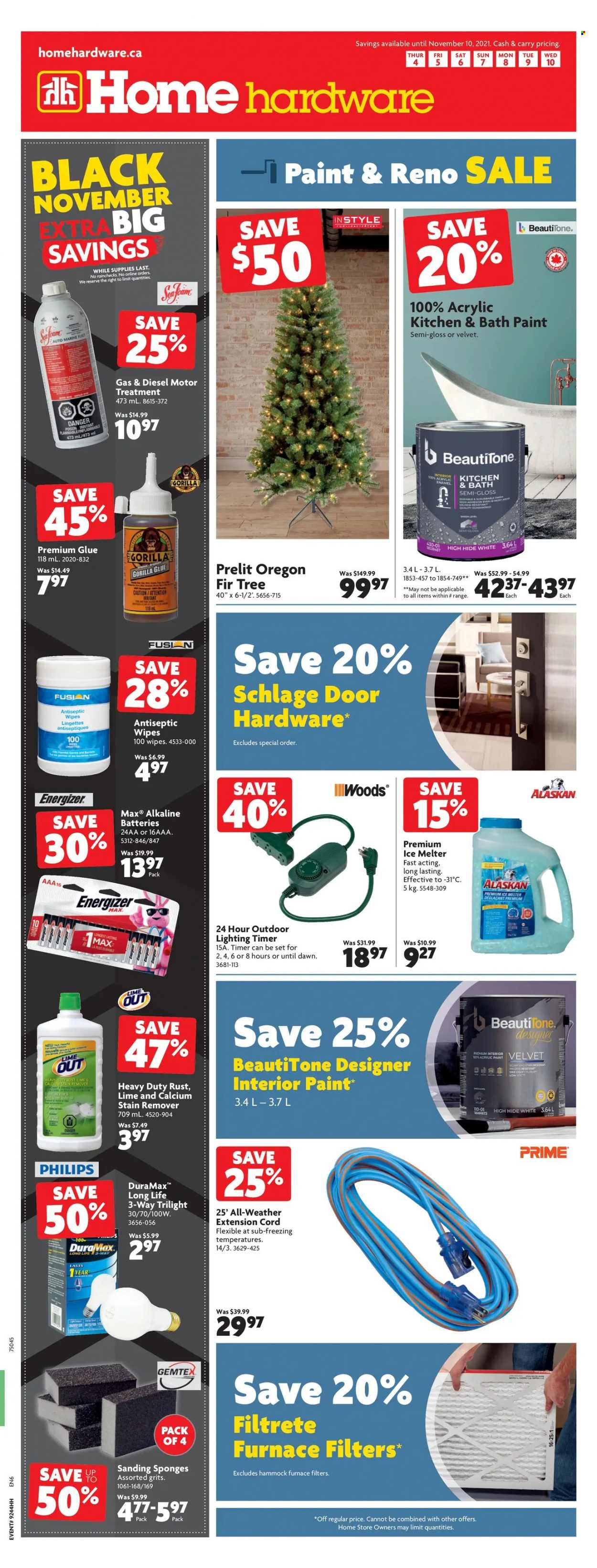 thumbnail - Home Hardware Flyer - November 04, 2021 - November 10, 2021 - Sales products - Philips, Filtrete, glue, paint, timer, extension cord, hammock, Energizer. Page 1.