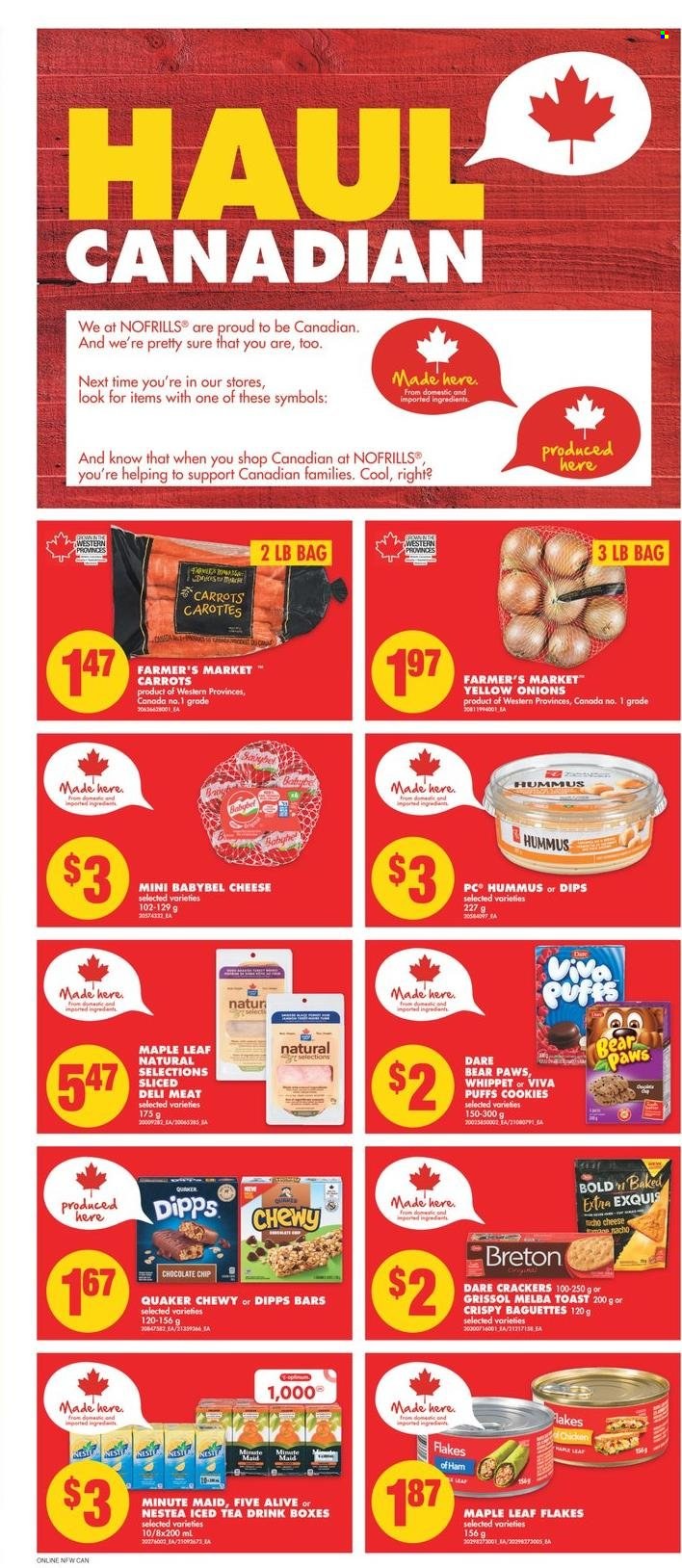 thumbnail - No Frills Flyer - November 05, 2021 - November 11, 2021 - Sales products - puffs, carrots, onion, Quaker, ham, hummus, cheese, Babybel, cookies, crackers, ice tea, fruit punch, Sure, Paws, baguette. Page 2.