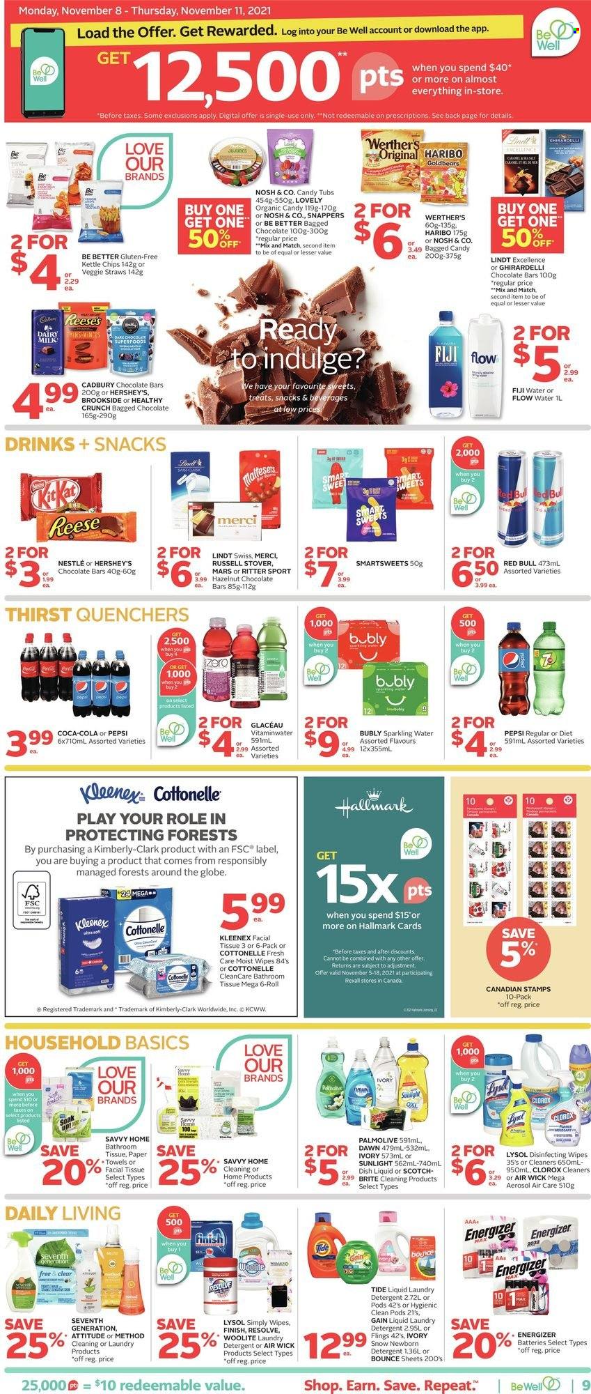 thumbnail - Rexall Flyer - November 05, 2021 - November 18, 2021 - Sales products - snack, Haribo, Mars, Reese's, Hershey's, Cadbury, Merci, Dairy Milk, Ritter Sport, Ghirardelli, chocolate bar, Veggie Straws, Coca-Cola, Pepsi, Red Bull, flavored water, sparkling water, wipes, bath tissue, Cottonelle, Kleenex, kitchen towels, paper towels, Gain, Lysol, Clorox, Woolite, Tide, laundry detergent, Sunlight, Bounce, dishwashing liquid, Palmolive, Brite, Air Wick, Nestlé, detergent, Energizer, chips, Lindt. Page 10.