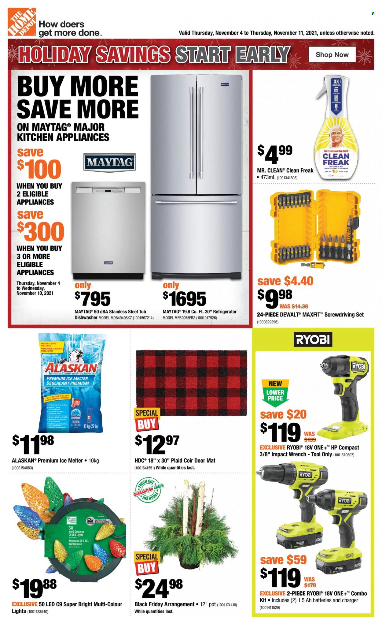 thumbnail - The Home Depot Flyer - November 04, 2021 - November 11, 2021 - Sales products - pot, LED light, door mat, DeWALT, Ryobi, combo kit. Page 1.