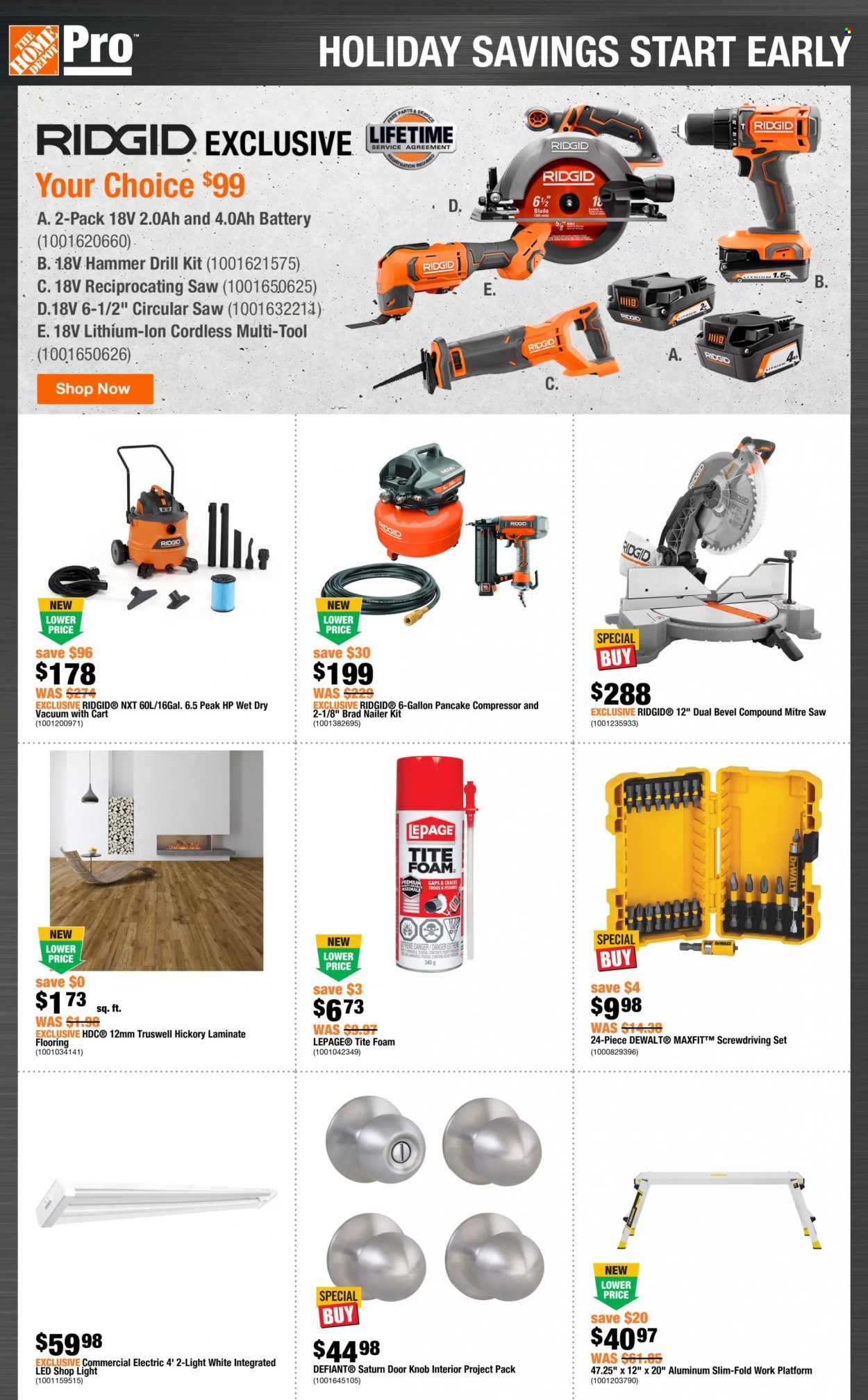 thumbnail - The Home Depot Flyer - November 04, 2021 - November 24, 2021 - Sales products - battery, shop light, flooring, laminate floor, DeWALT, drill, Ridgid, circular saw, saw, reciprocating saw, air compressor, cart. Page 1.