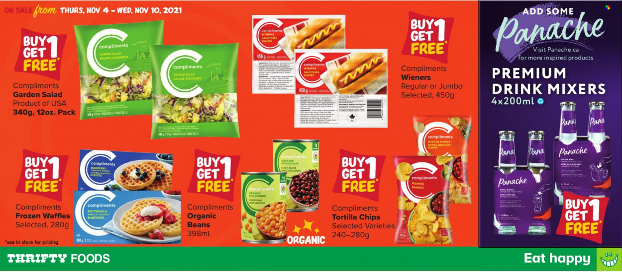thumbnail - Thrifty Foods Flyer - November 04, 2021 - November 10, 2021 - Sales products - waffles, ginger, buttermilk, tortilla chips, black beans, soda. Page 1.