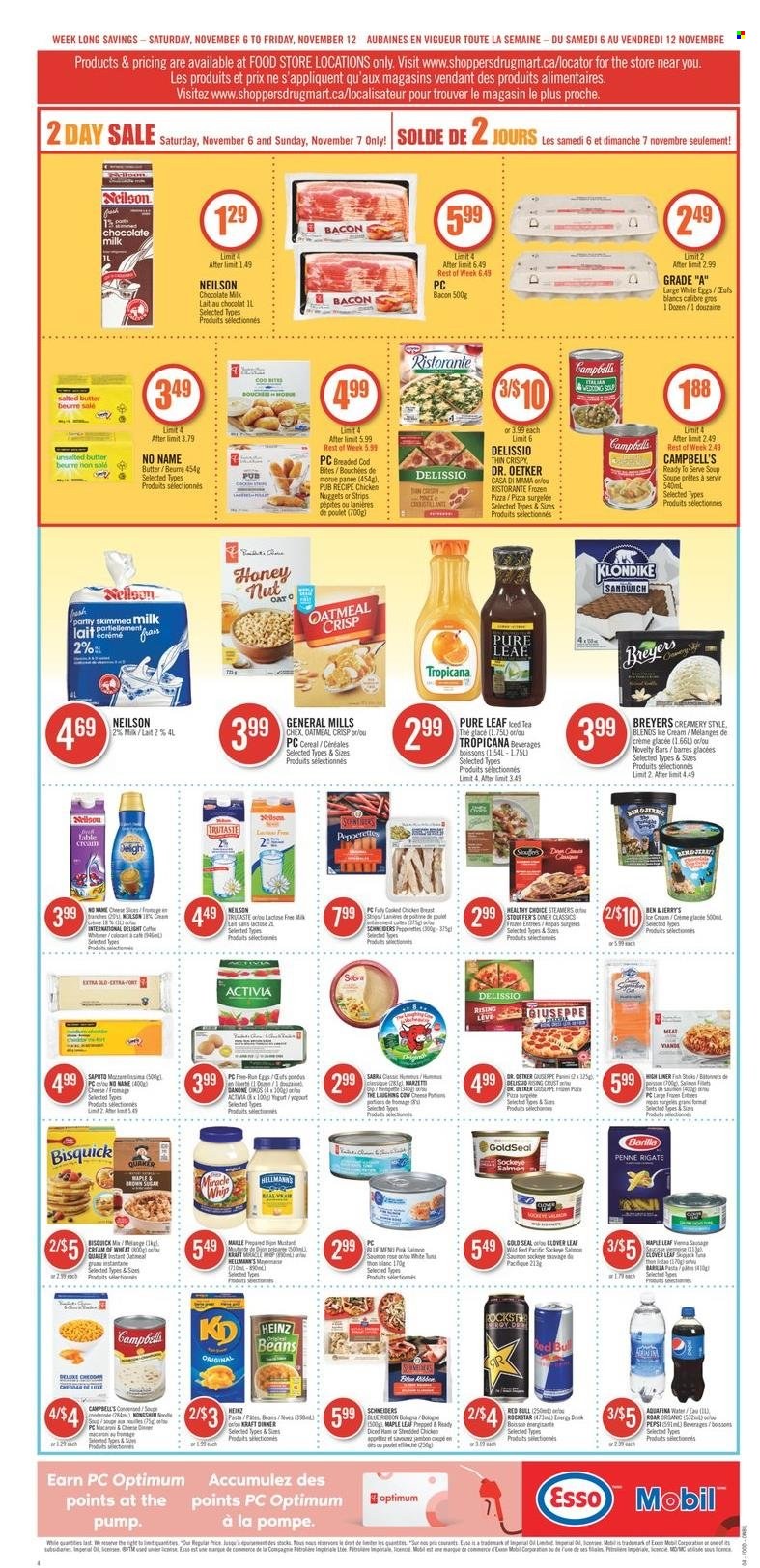 thumbnail - Shoppers Drug Mart Flyer - November 06, 2021 - November 12, 2021 - Sales products - milk chocolate, chocolate, Bisquick, oatmeal, Dr. Oetker, beans, salmon, Heinz, soup, cereals, Cream of Wheat, Quaker, pasta, Barilla, penne, Campbell's, Kraft®, Pepsi, Clover, Oros, Red Bull, Rockstar, tea, Pure Leaf. Page 8.