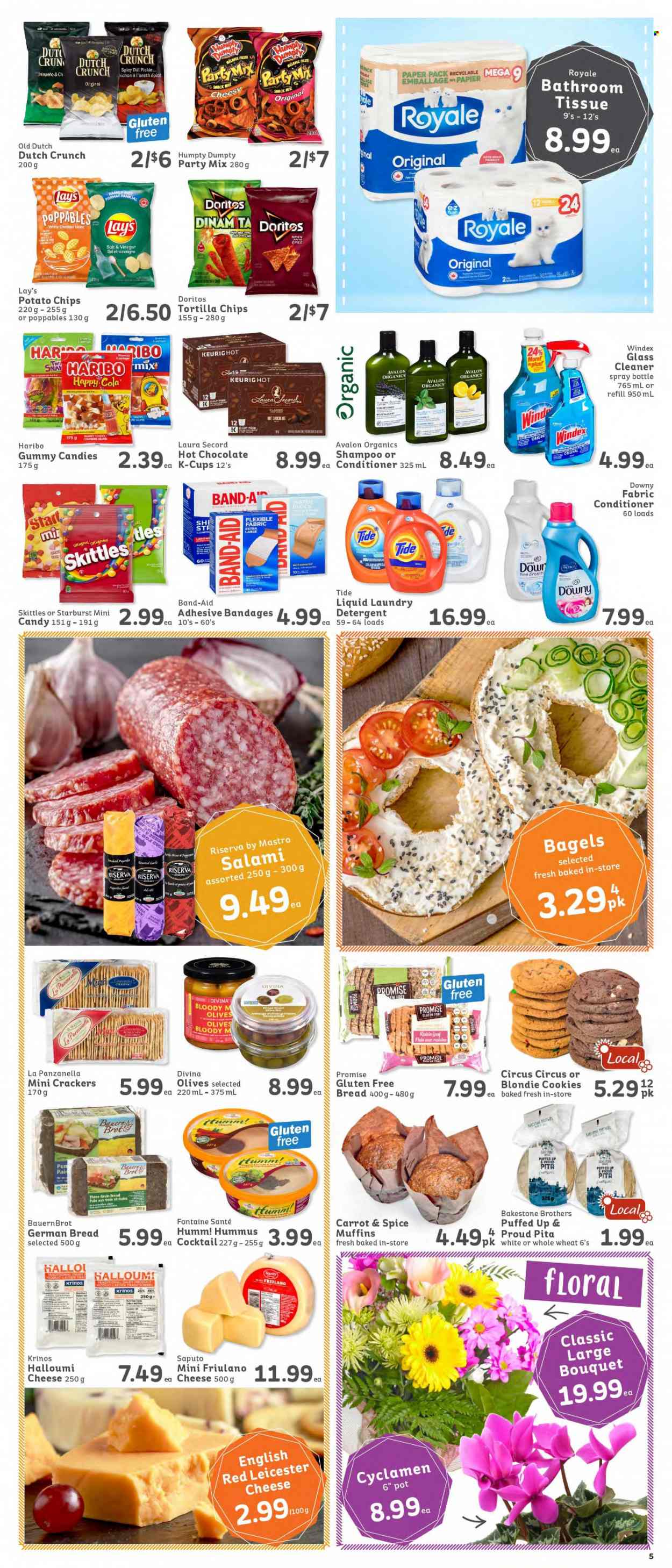 thumbnail - IGA Simple Goodness Flyer - November 05, 2021 - November 11, 2021 - Sales products - bagels, bread, pita, muffin, jalapeño, salami, hummus, Red Leicester, halloumi, cheese, cookies, Haribo, crackers, Skittles, Starburst, Doritos, tortilla chips, potato chips, Lay’s, spice, dried fruit, hot chocolate, coffee capsules, K-Cups, wine, BROTHERS, band-aid, raisins, olives, chips. Page 5.
